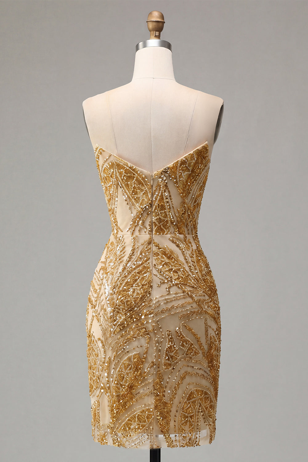Sparkly Golden Short Tight Strapless Beaded Homecoming Dress