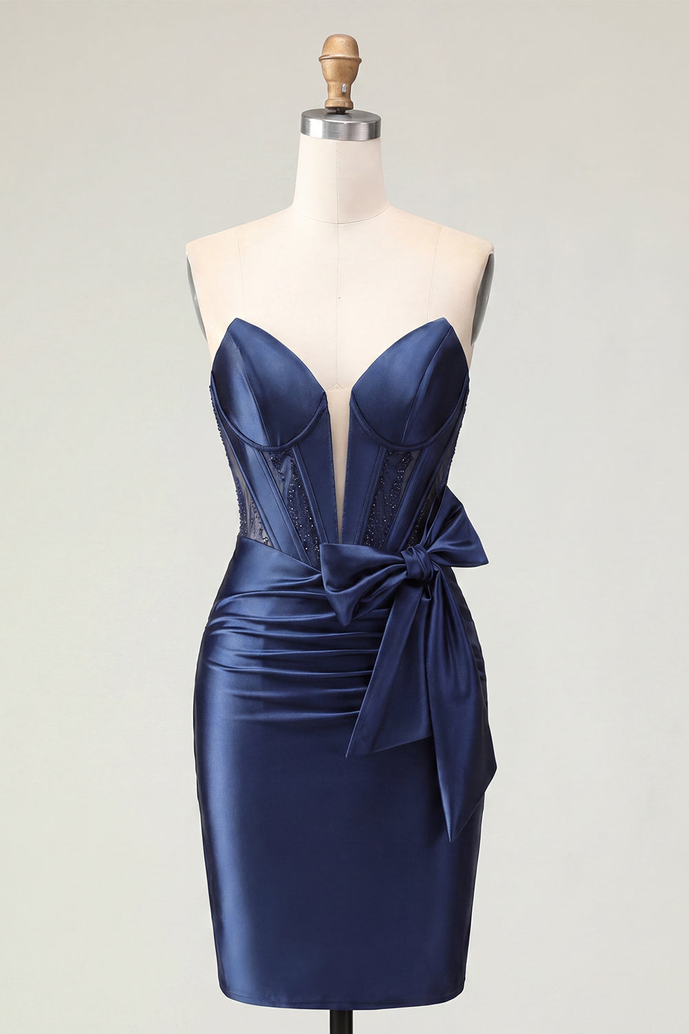 Sparkly Navy Short Basque Waist Beaded Tight Corset Homecoming Dress with Bow