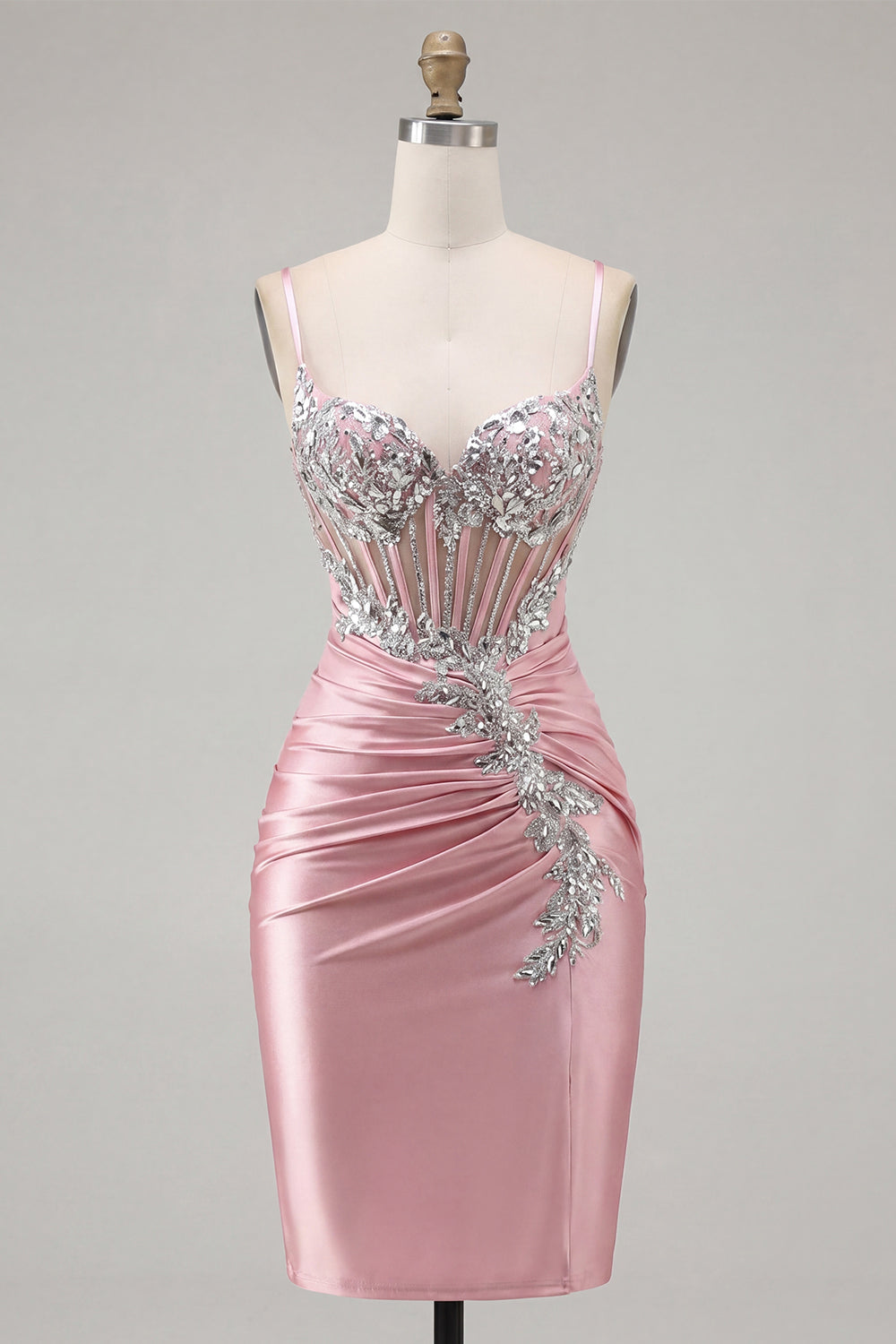 Sparkly Blush Short Corset Spaghetti Straps Tight Homecoming Dress with Beading