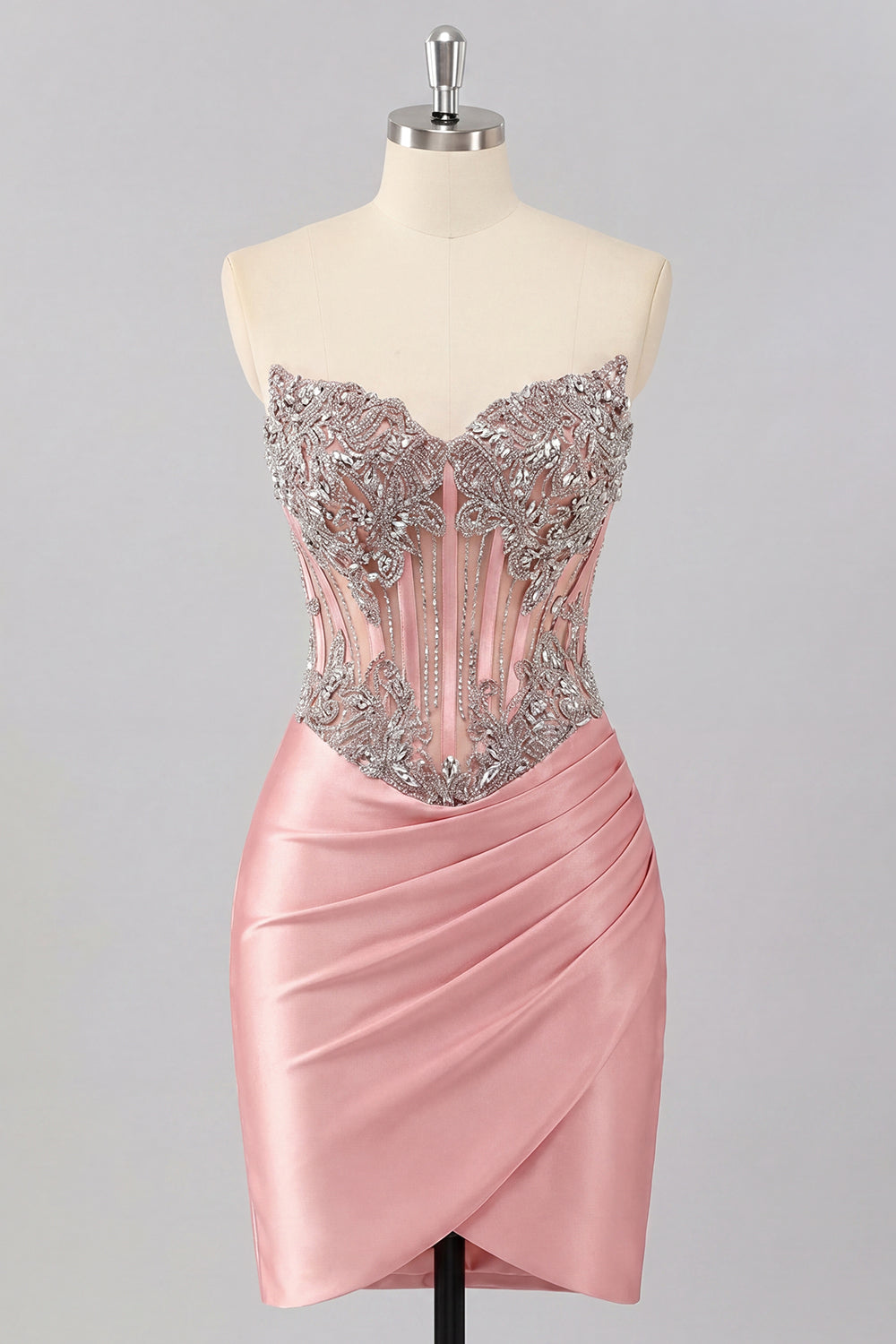 Sparkly Blush Tight Short Corset Ruched Basque Waist Beaded Homecoming Dress