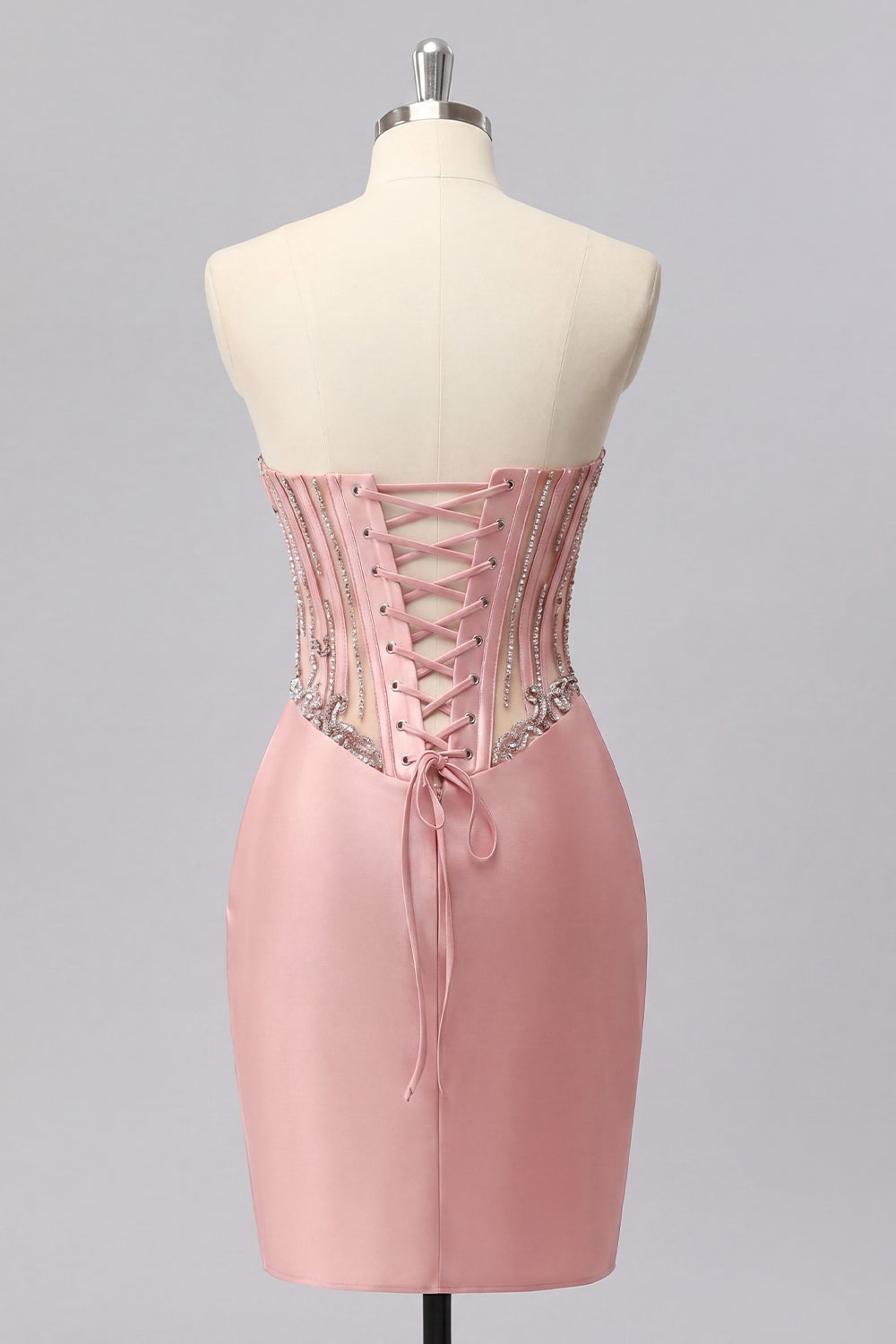 Sparkly Blush Tight Short Corset Ruched Basque Waist Beaded Homecoming Dress