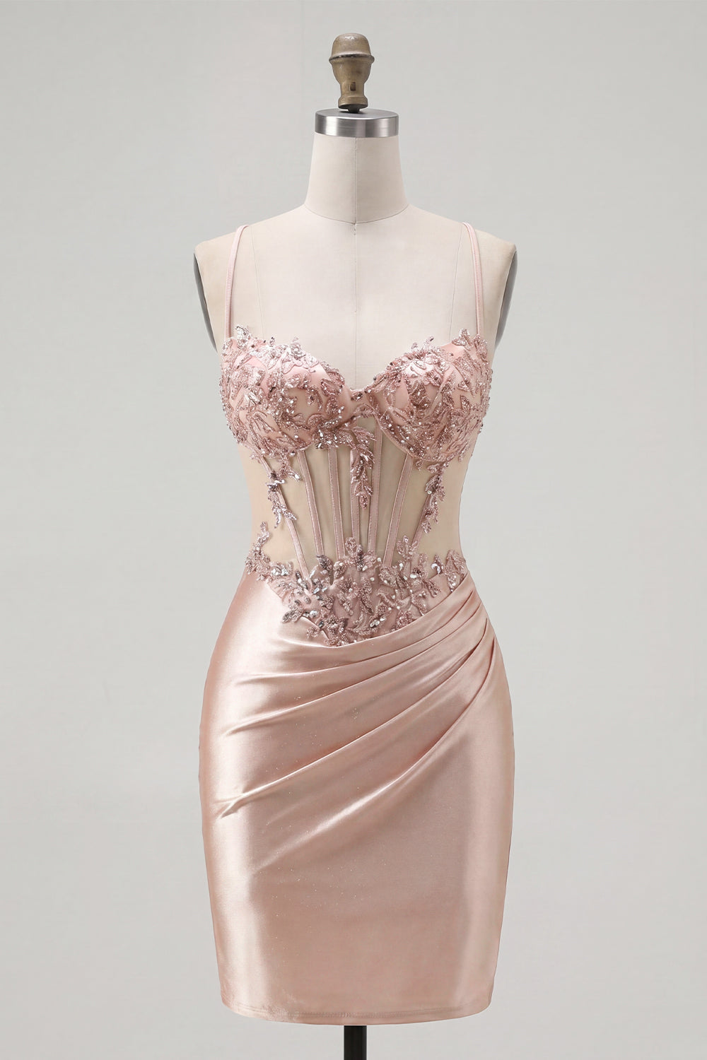 Sparkly Champagne Tight Short Corset Ruched Homecoming Dress with Beading