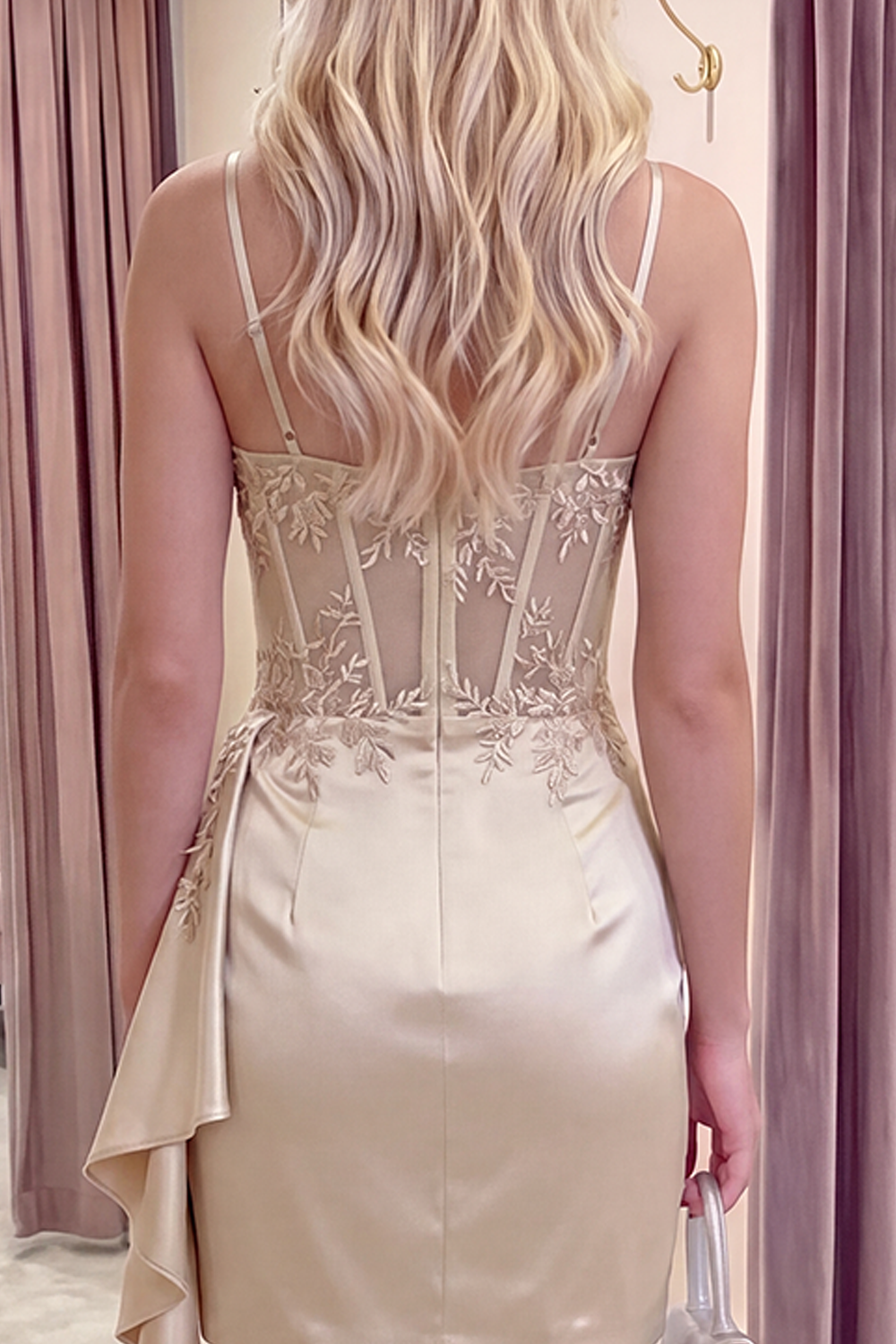 Sparkly Champagne Floral Tight Corset Beaded Short Homecoming Dress with Side Cape