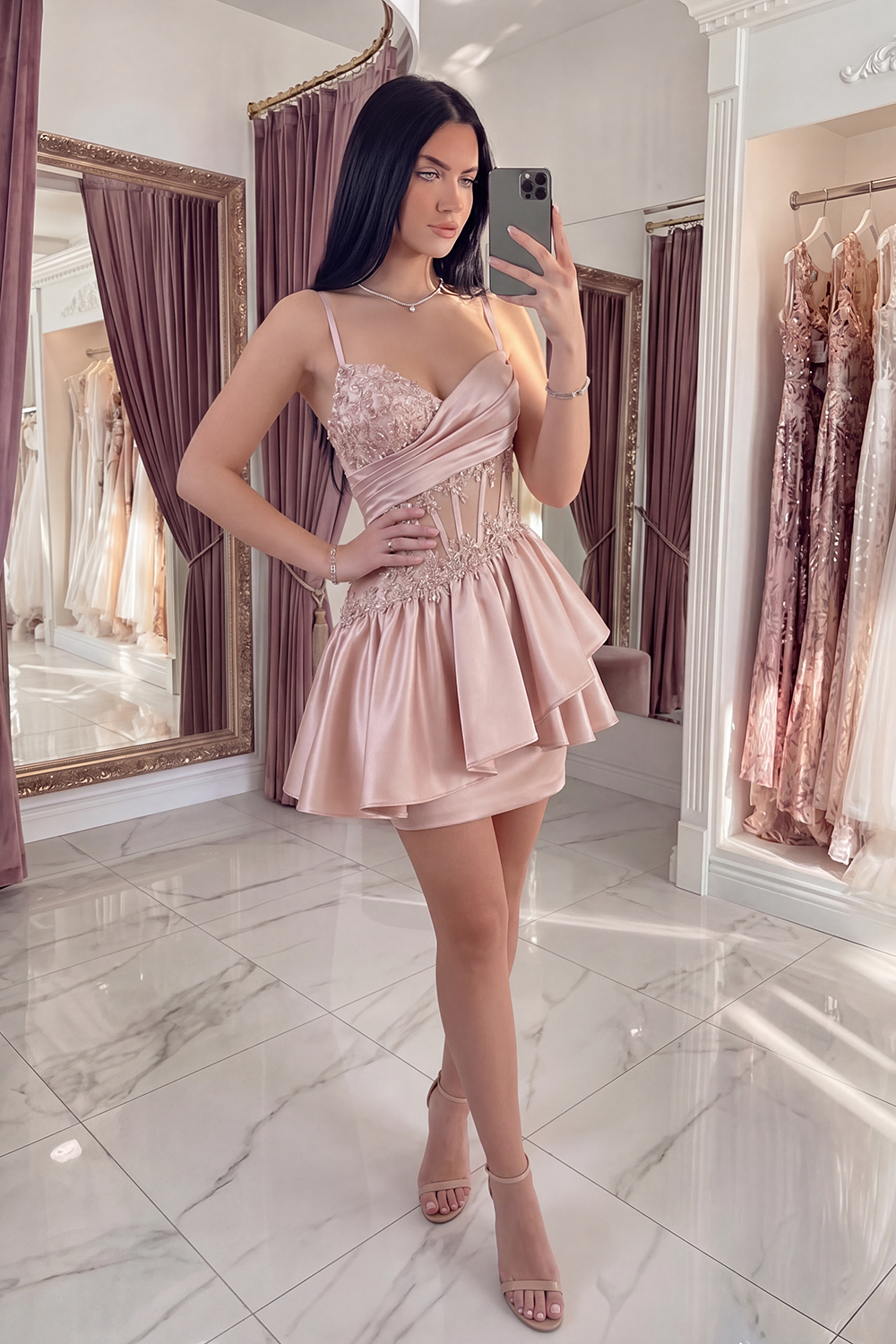 Sparkly Champagne Beaded A Line Short Corset Homecoming Dress with Ruffles