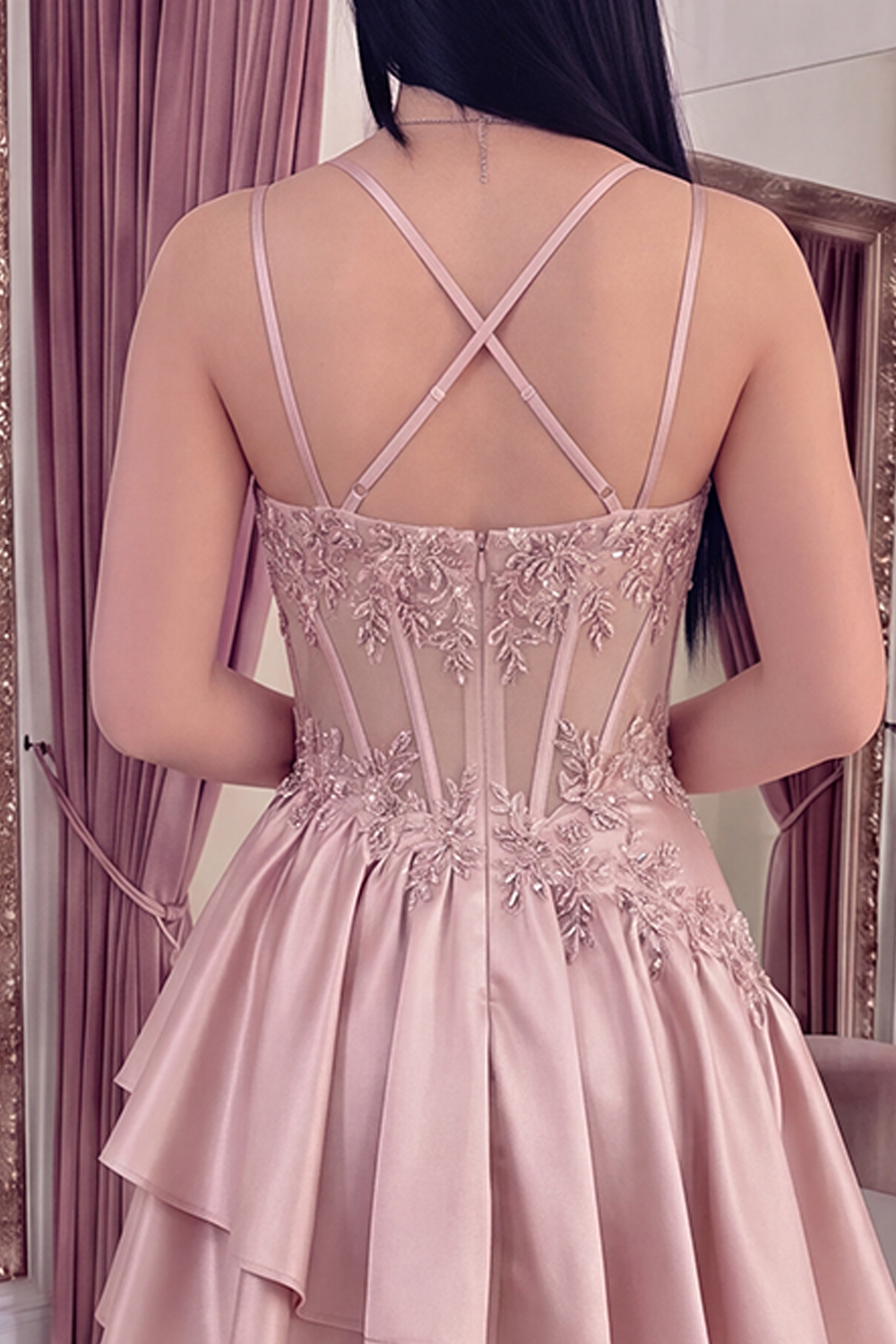 Sparkly Champagne Beaded A Line Short Corset Homecoming Dress with Ruffles
