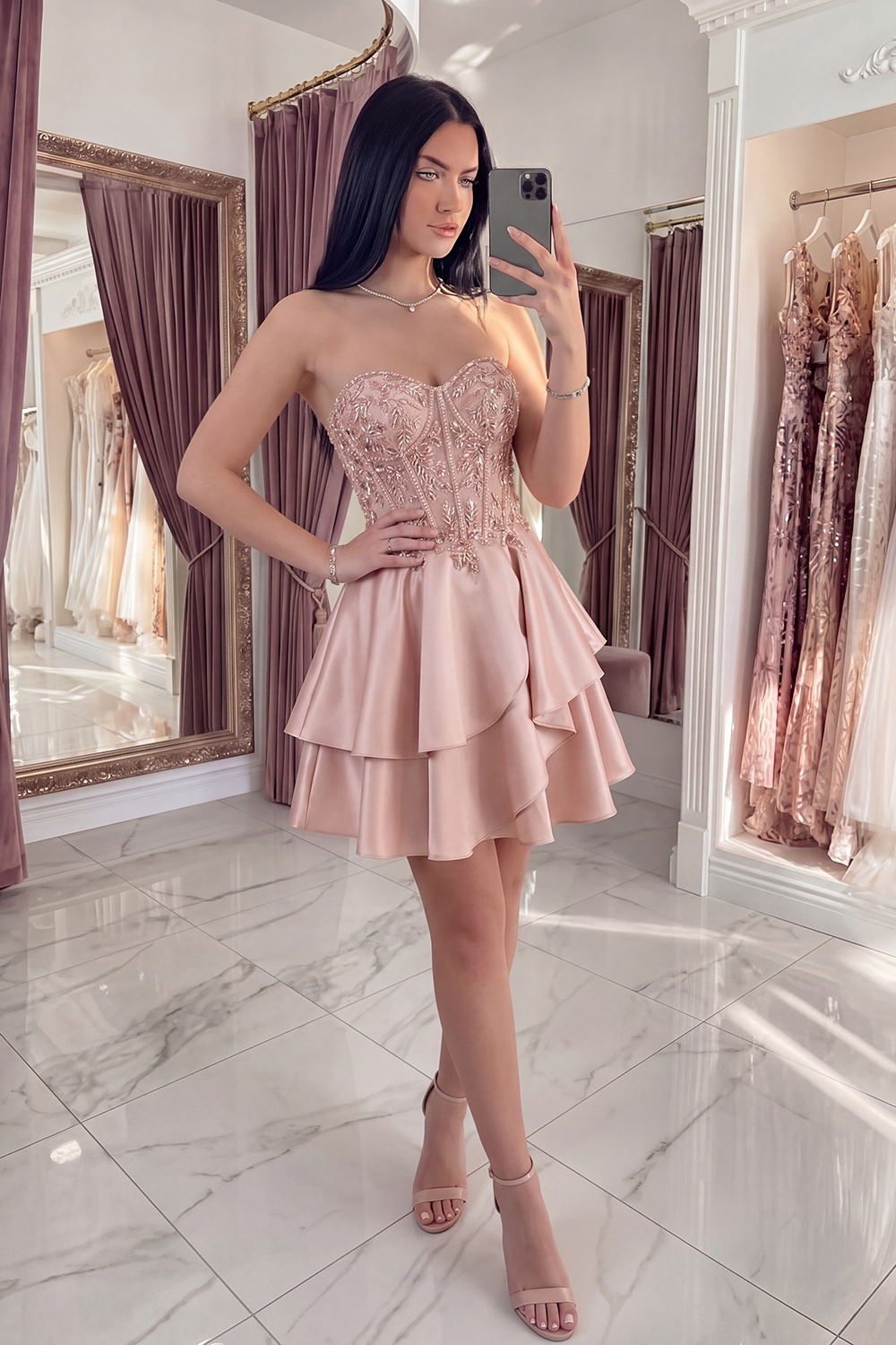 Champagne A Line Short Corset Sparkly Beaded Homecoming Dress with Ruffles