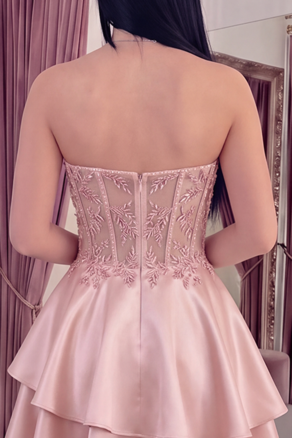 Champagne A Line Short Corset Sparkly Beaded Homecoming Dress with Ruffles