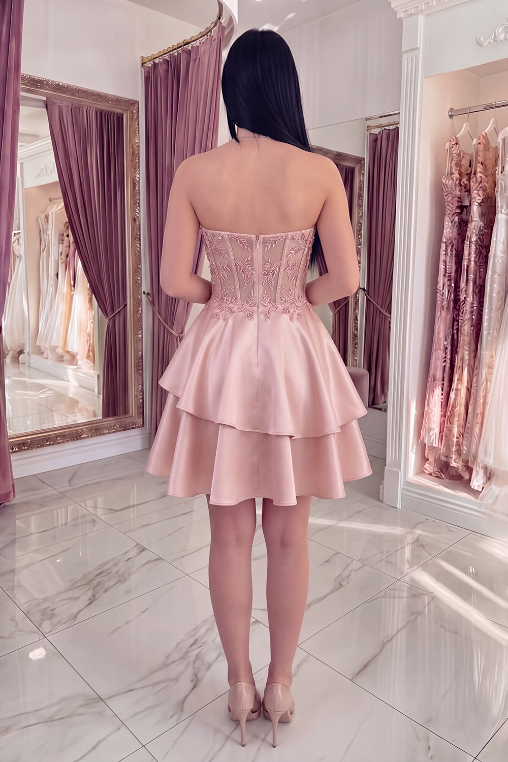 Champagne A Line Short Corset Sparkly Beaded Homecoming Dress with Ruffles