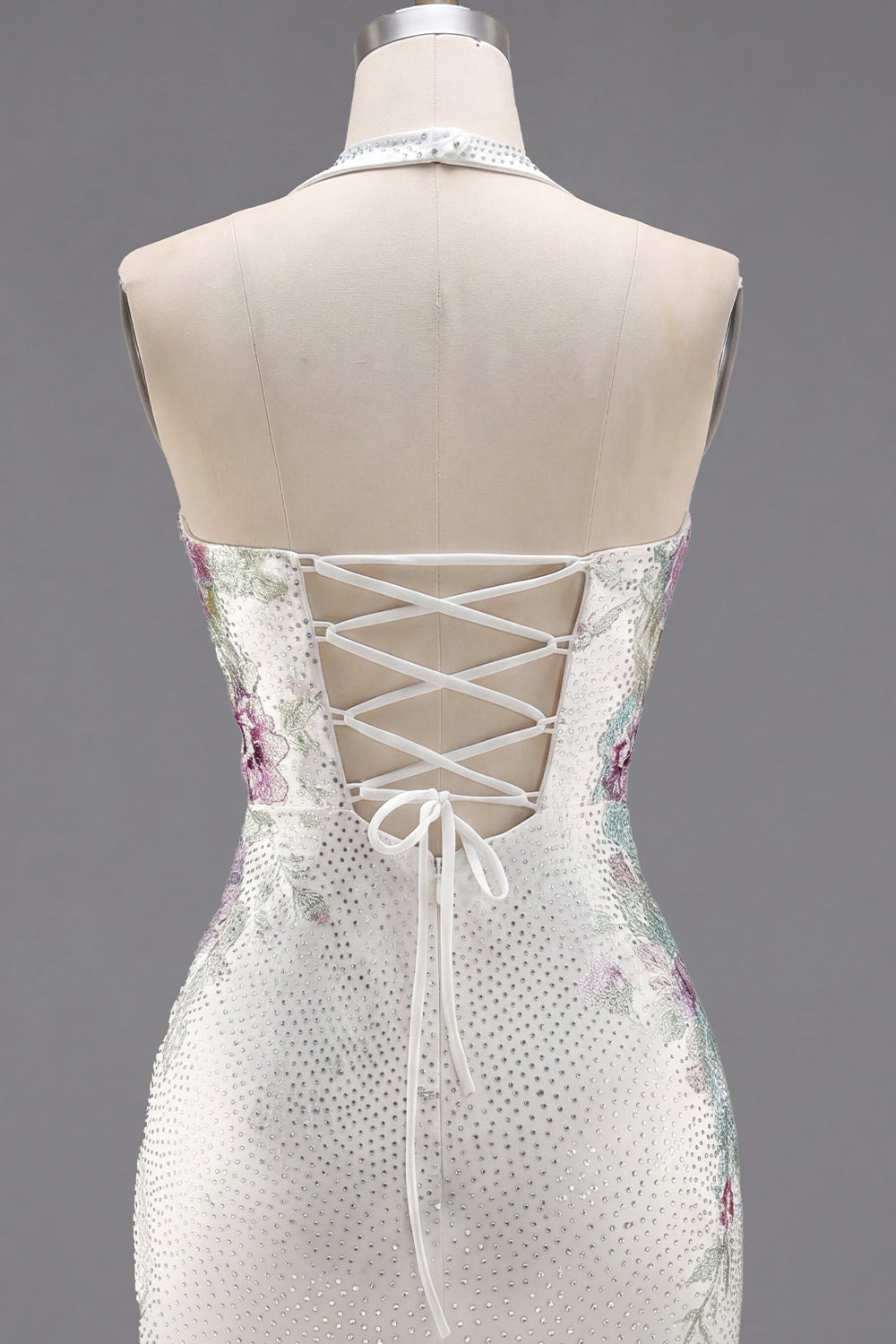 Sparkly White Tight Short Halter Floral Homecoming Dress with Beading