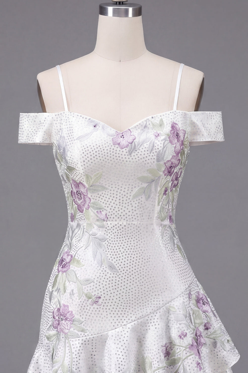 White A Line Sparkly Cold Shoulder Beaded Short Floral Homecoming Dress