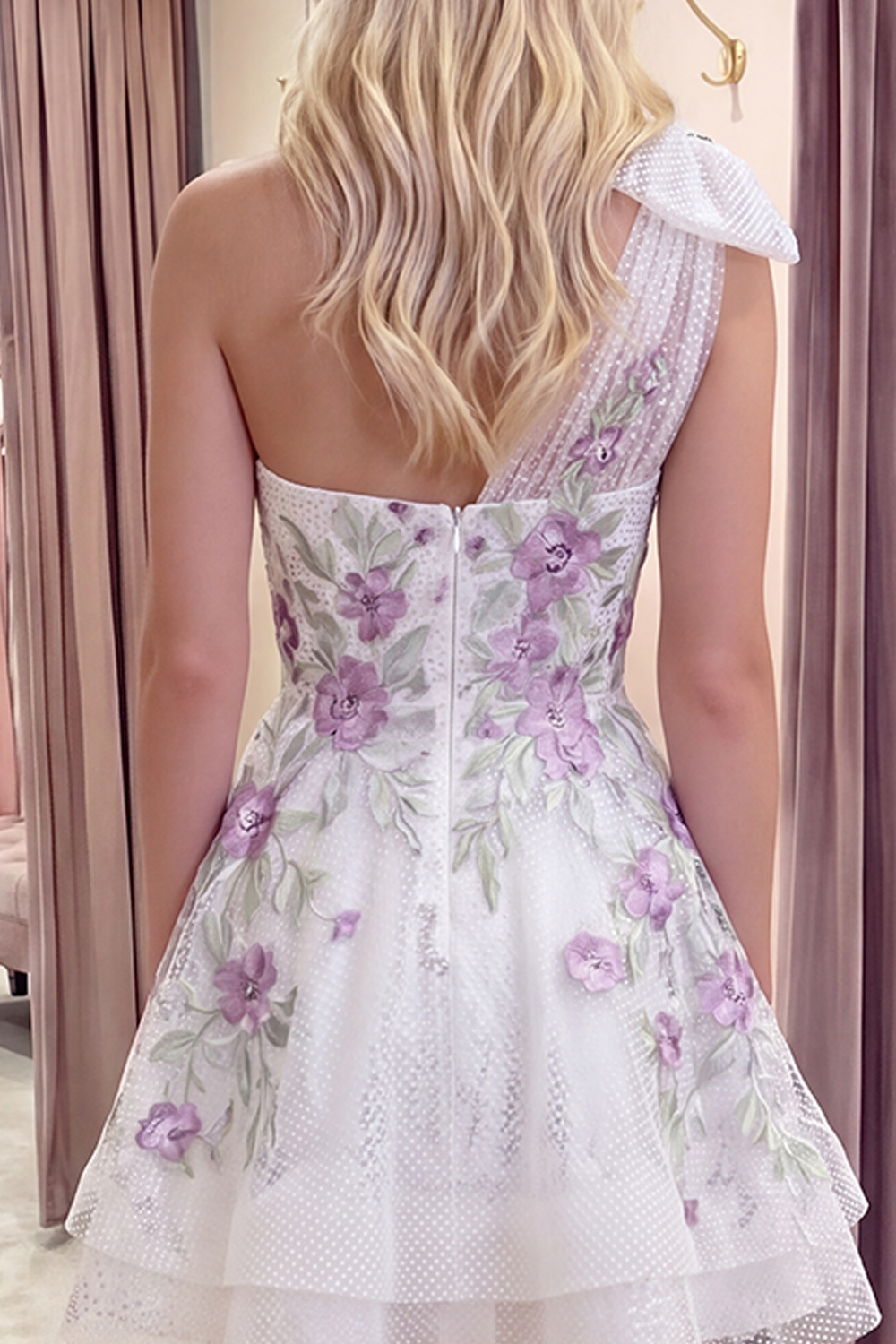 Sparkly A Line White Beaded Short Floral Homecoming Dress with Bow