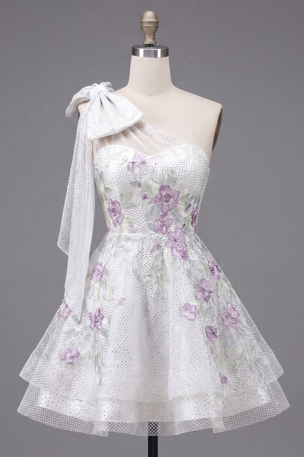 Sparkly A Line White Beaded Short Floral Homecoming Dress with Bow