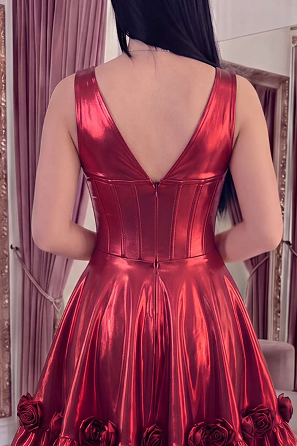 A Line Burgundy Metallic Short V-Neck Corset Homecoming Dress with 3D Flowers