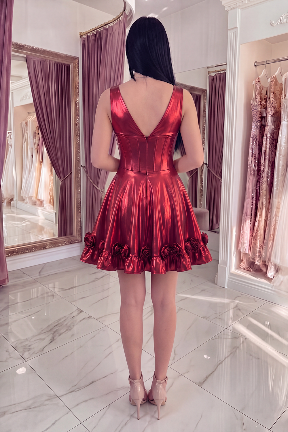 A Line Burgundy Metallic Short V-Neck Corset Homecoming Dress with 3D Flowers