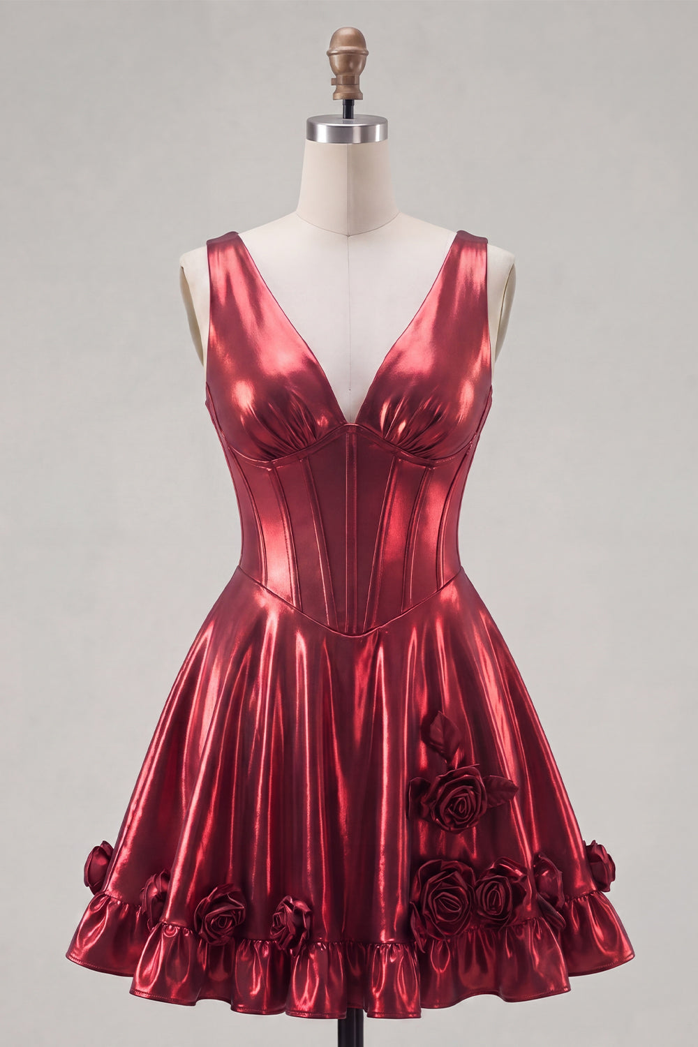 A Line Burgundy Metallic Short V-Neck Corset Homecoming Dress with 3D Flowers