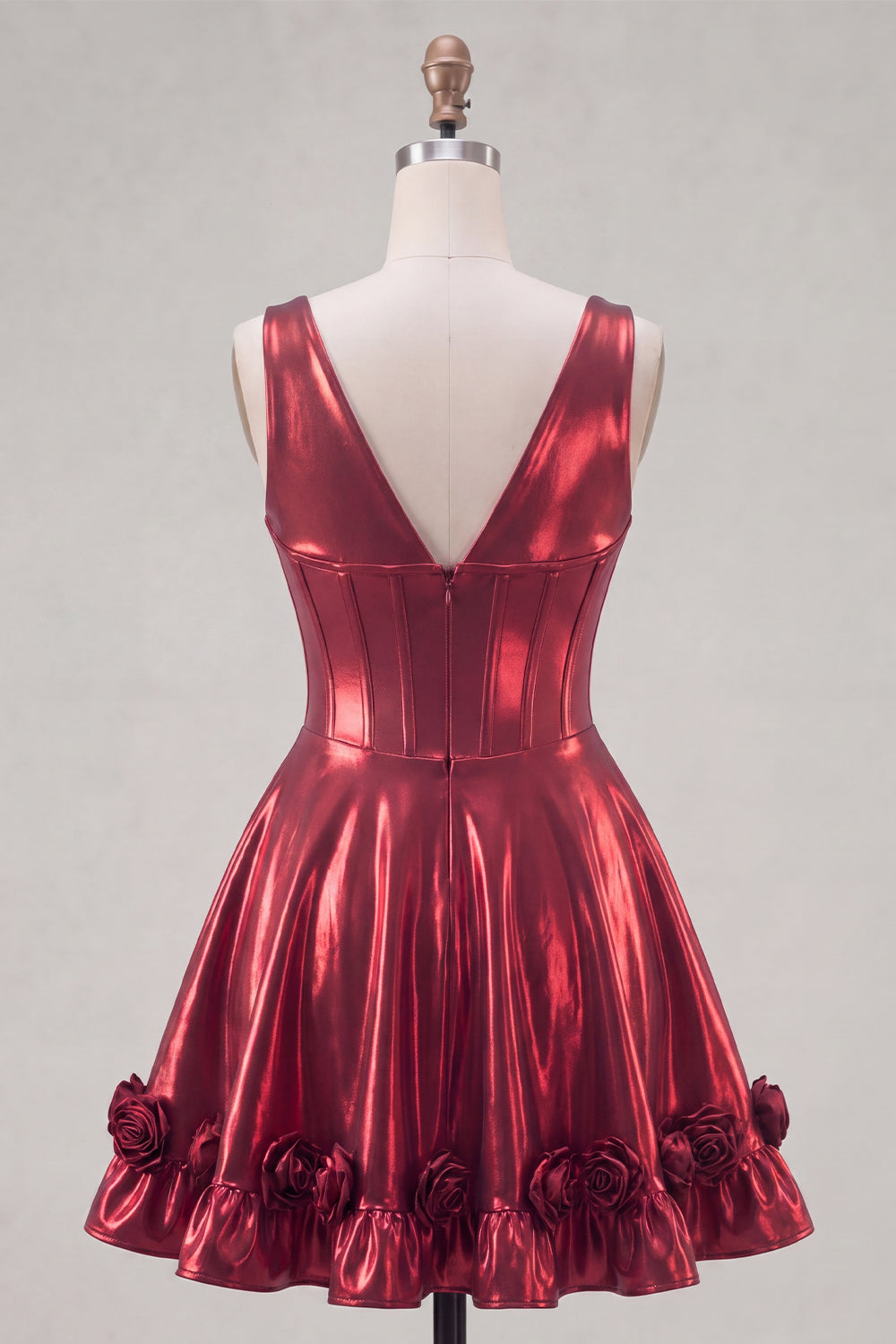 A Line Burgundy Metallic Short V-Neck Corset Homecoming Dress with 3D Flowers
