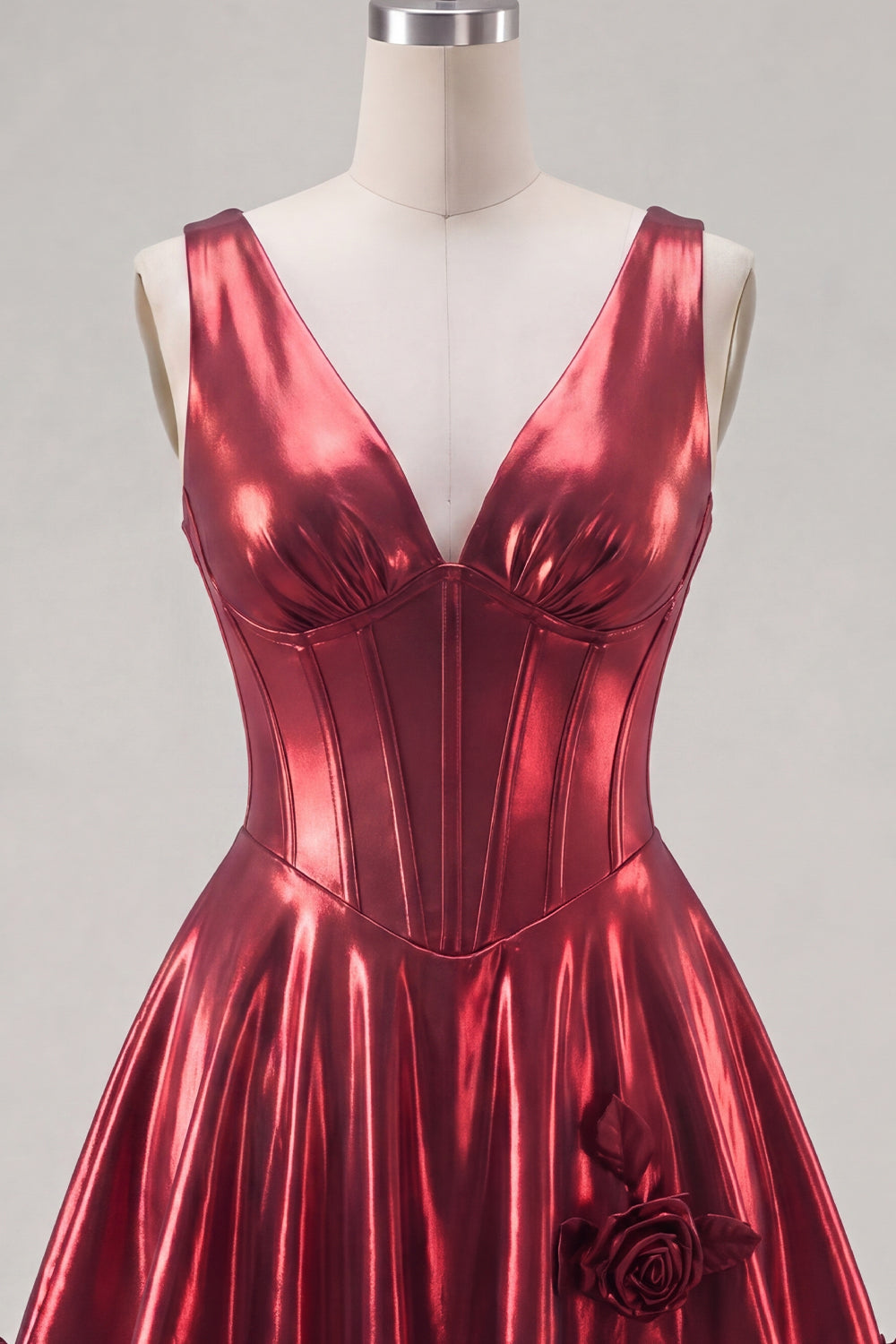 A Line Burgundy Metallic Short V-Neck Corset Homecoming Dress with 3D Flowers