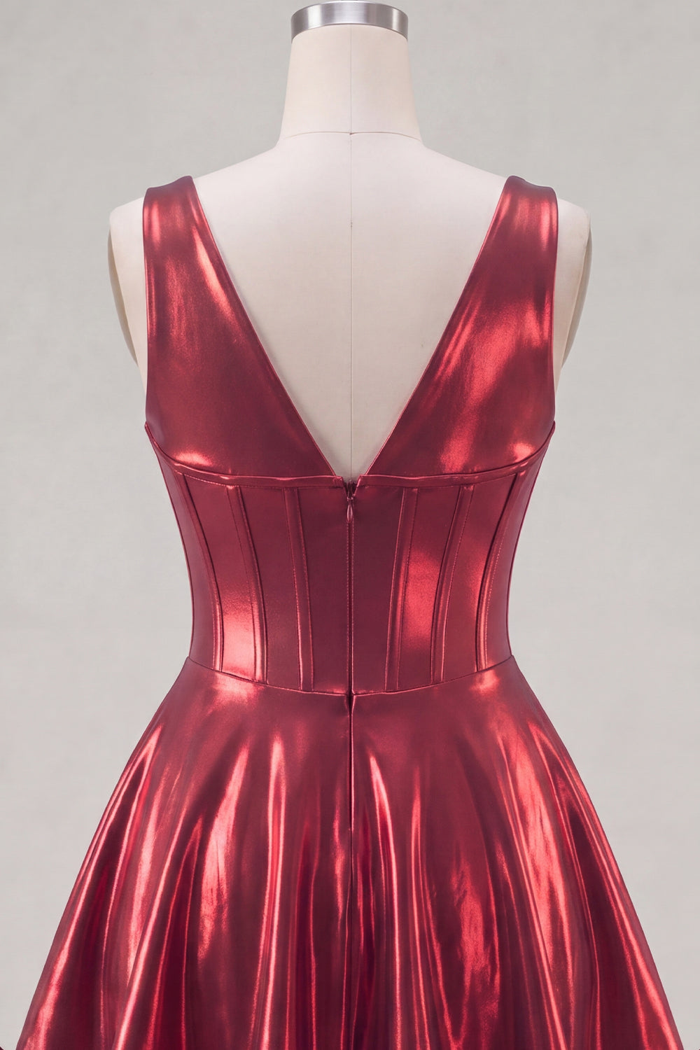 A Line Burgundy Metallic Short V-Neck Corset Homecoming Dress with 3D Flowers