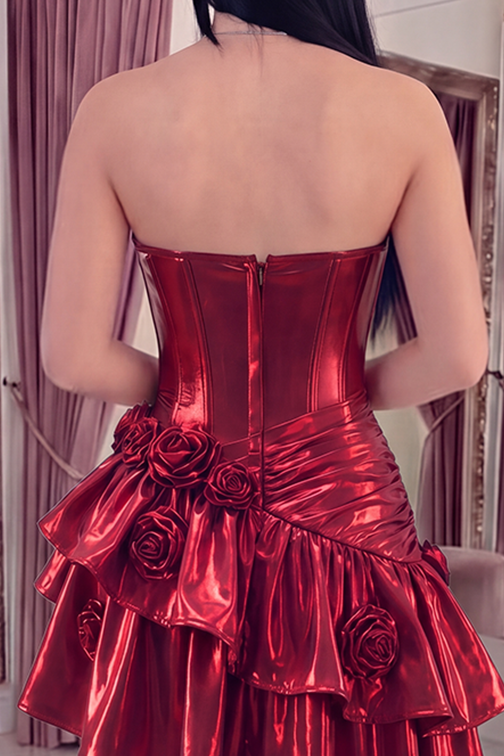 Glitter Burgundy Ruffled A Line Short Corset Metallic Homecoming Dress with 3D Flowers