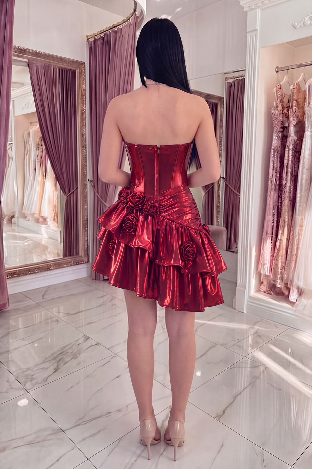 Glitter Burgundy Ruffled A Line Short Corset Metallic Homecoming Dress with 3D Flowers