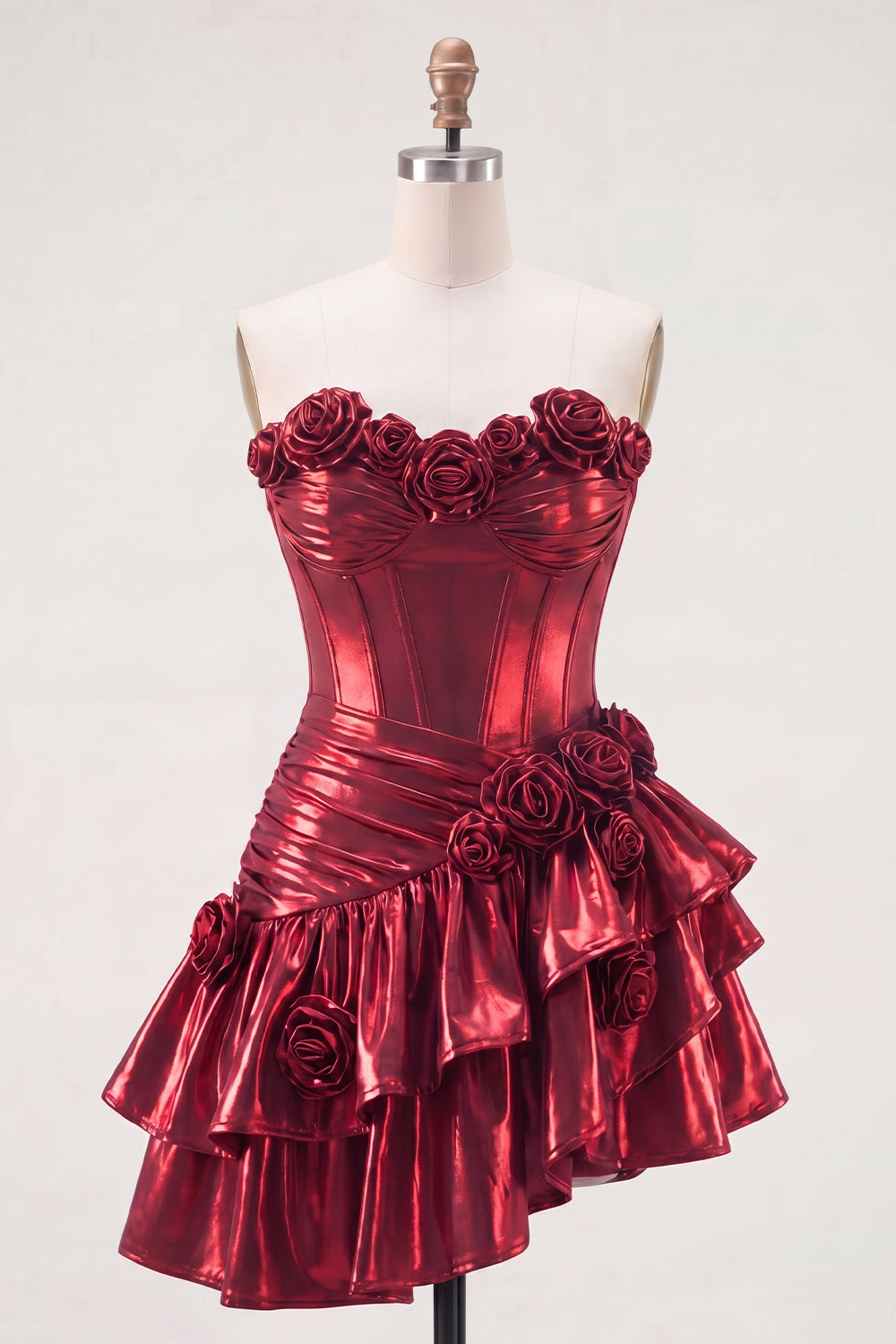 Glitter Burgundy Ruffled A Line Short Corset Metallic Homecoming Dress with 3D Flowers
