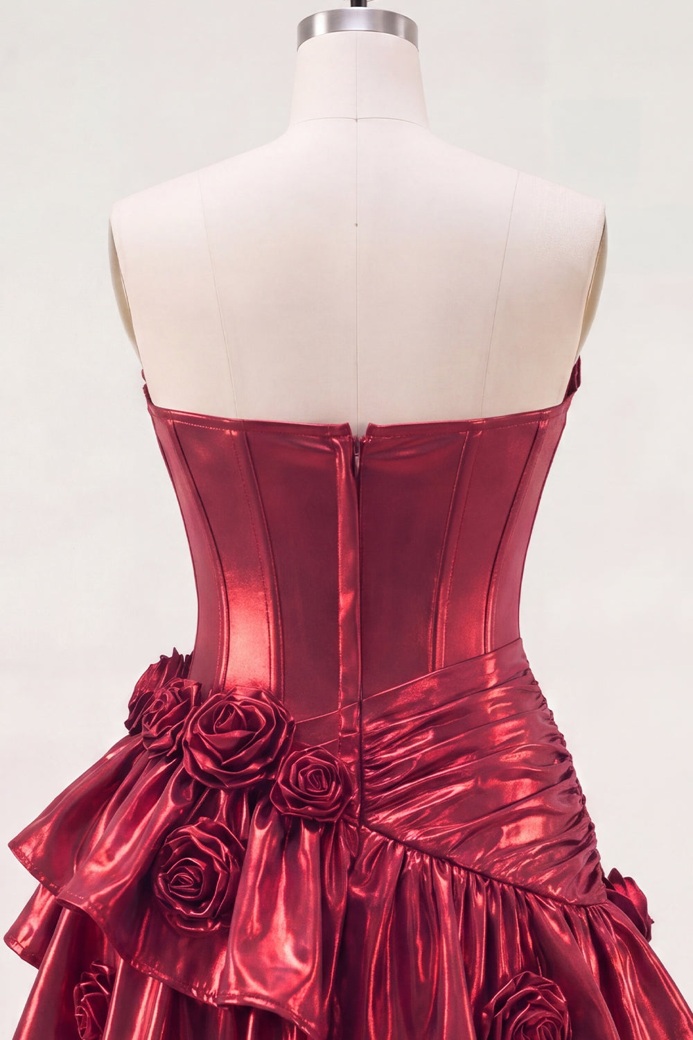 Glitter Burgundy Ruffled A Line Short Corset Metallic Homecoming Dress with 3D Flowers