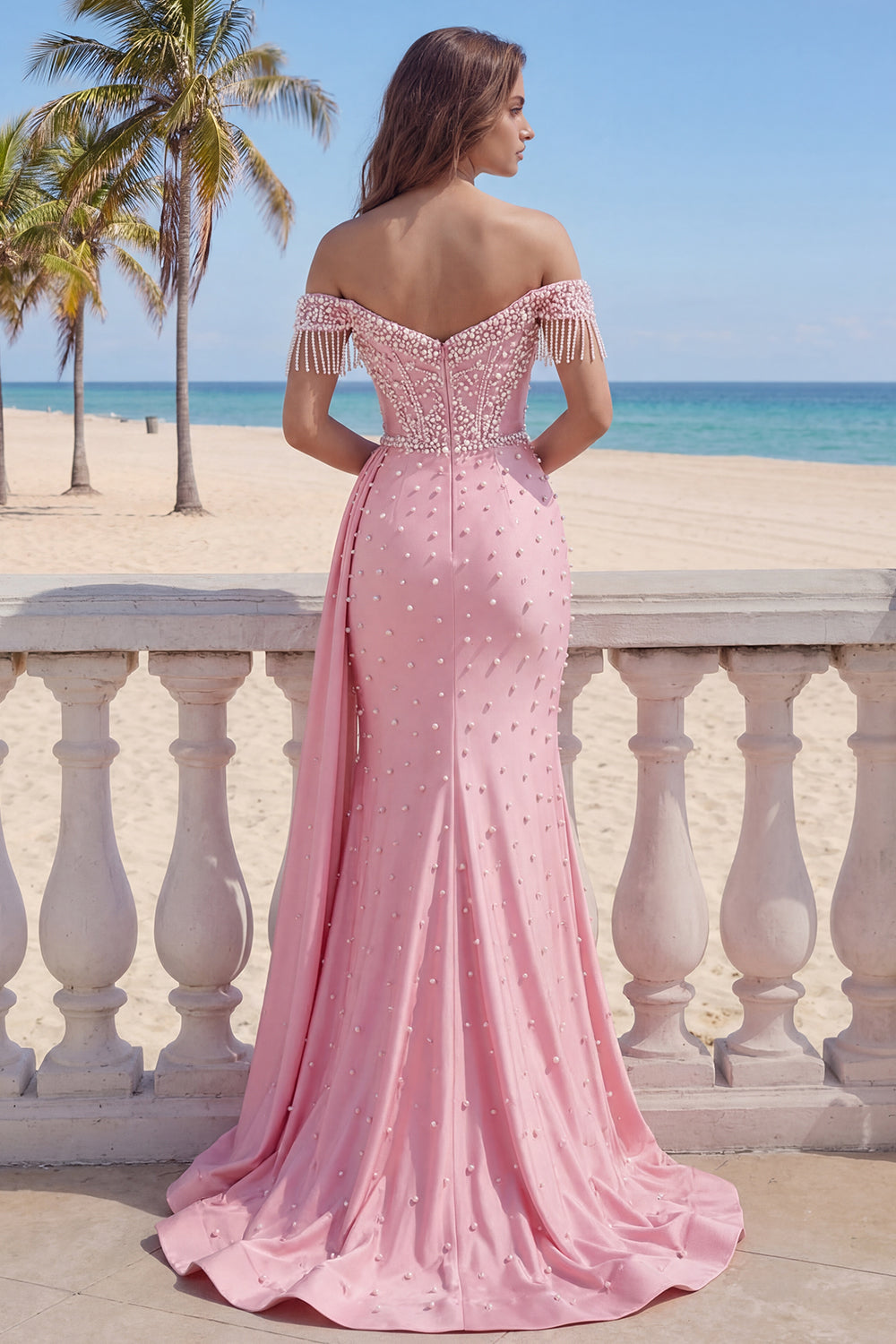 Pink Off the Shoulder Mermaid Fringed Long Prom Dress with Pearls