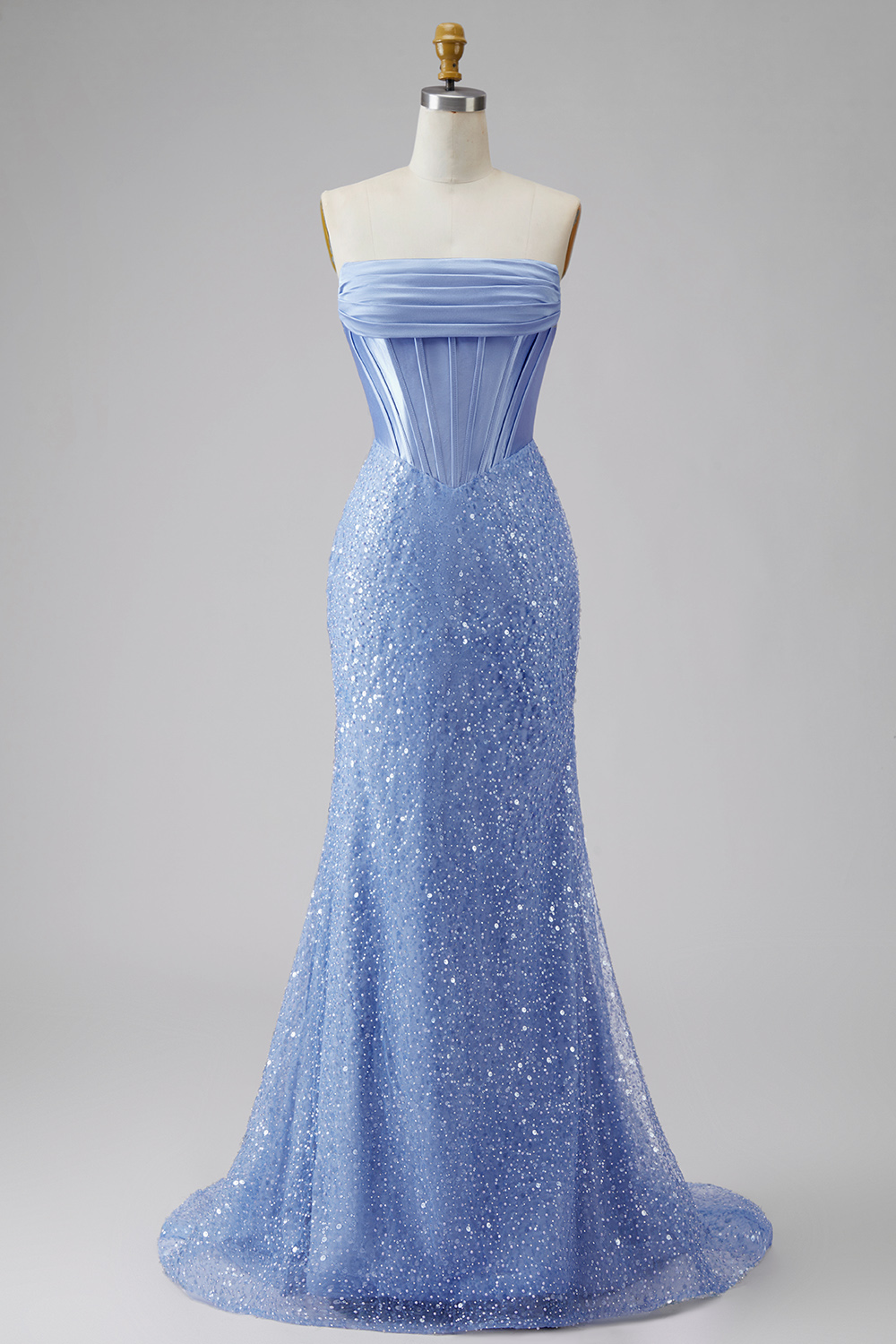 Blue Mermaid Corset Basque Waist Strapless Long Prom Dress with Pearls