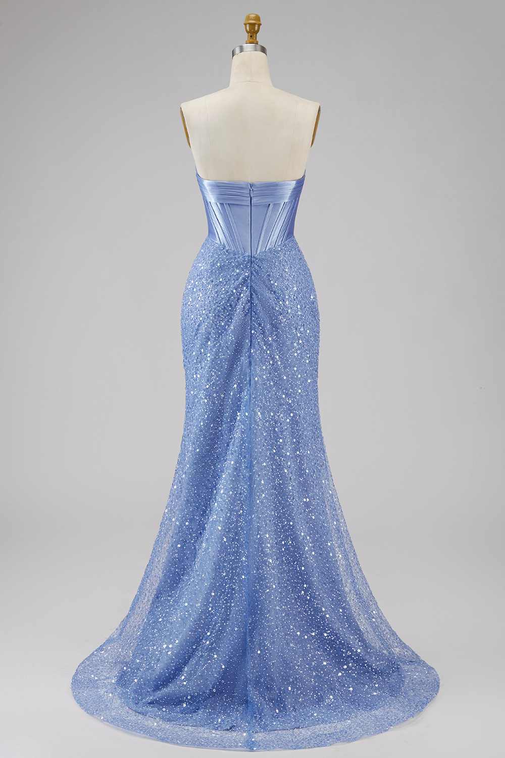 Blue Mermaid Corset Basque Waist Strapless Long Prom Dress with Pearls