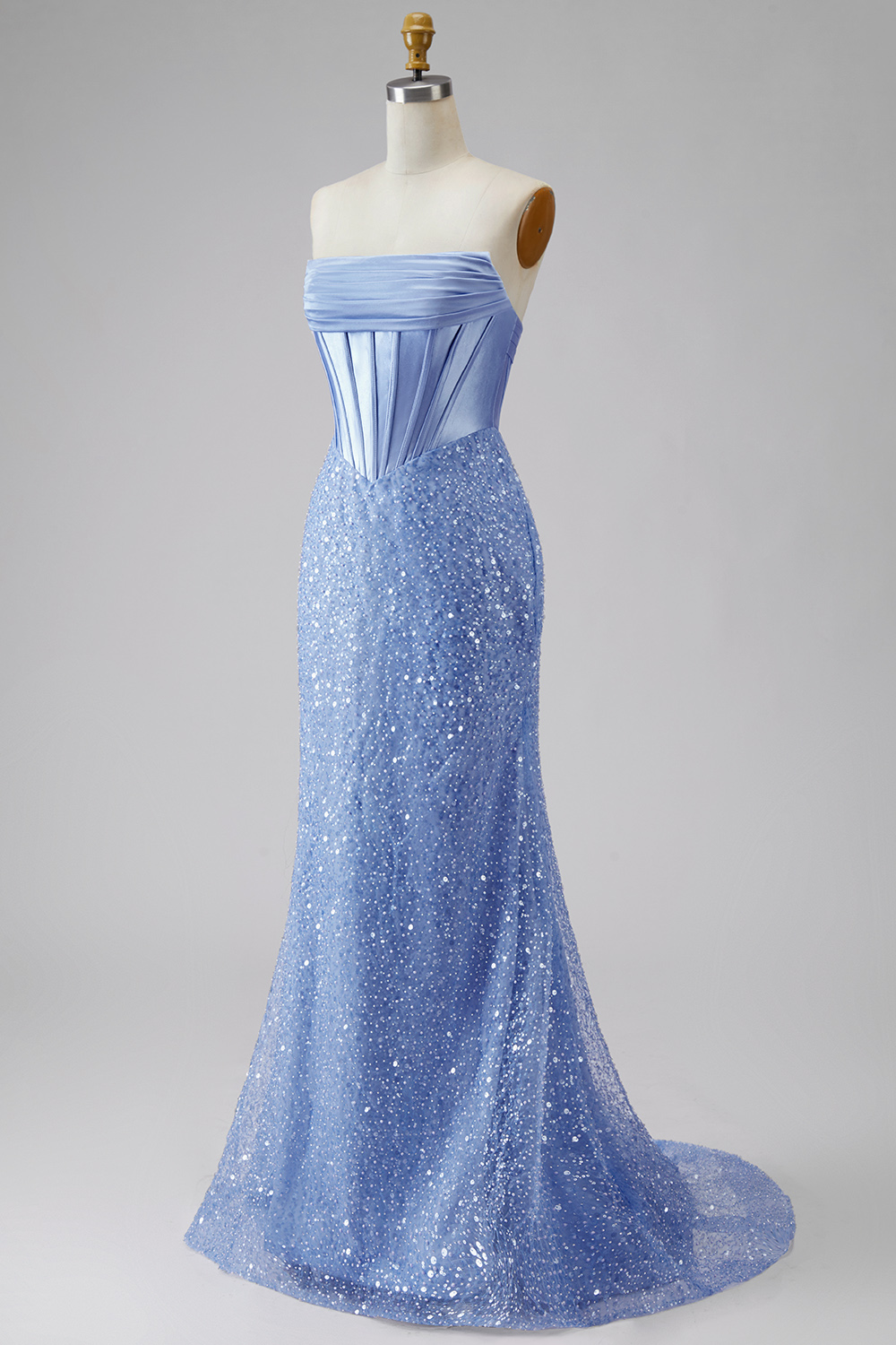 Blue Mermaid Corset Basque Waist Strapless Long Prom Dress with Pearls