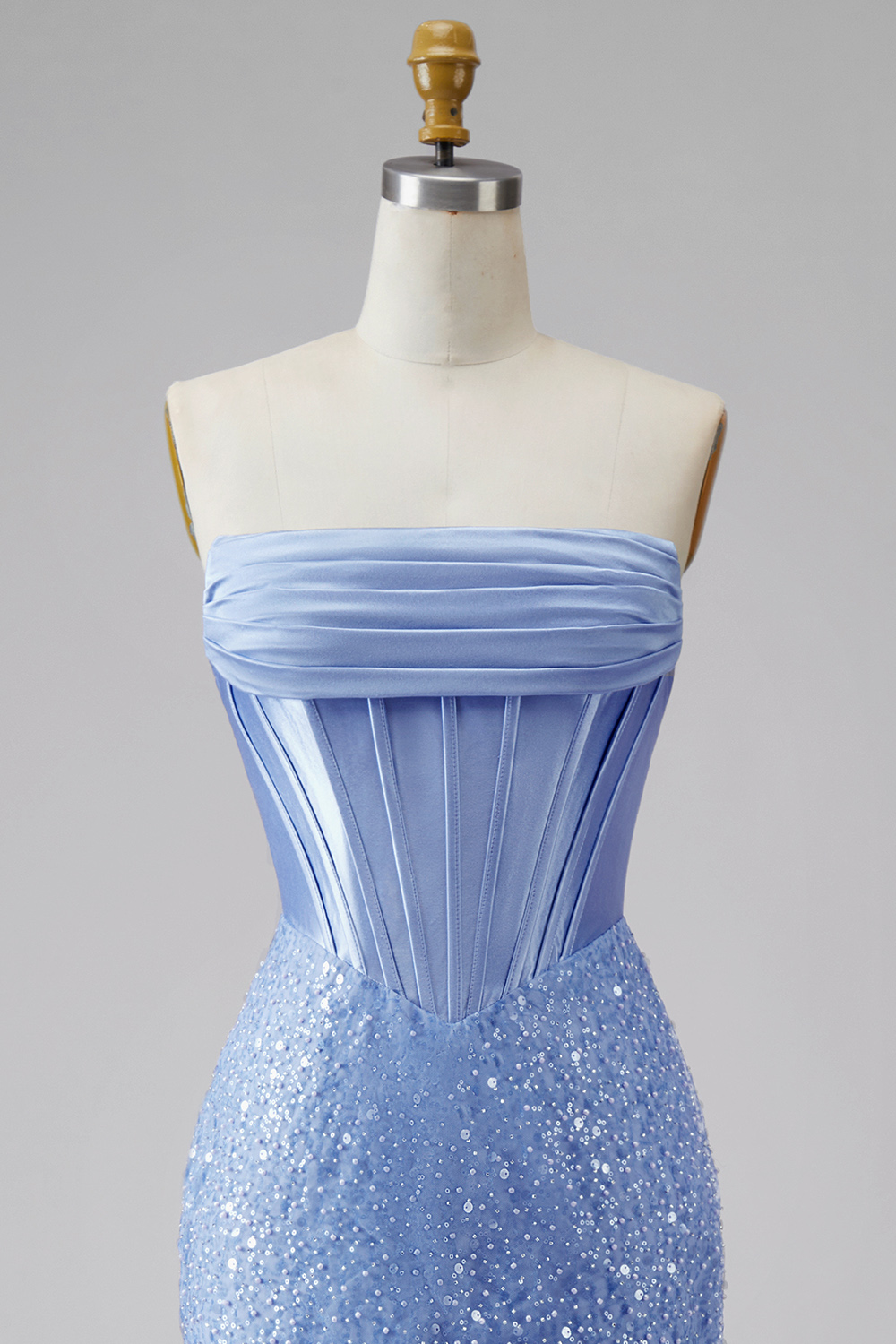 Blue Mermaid Corset Basque Waist Strapless Long Prom Dress with Pearls