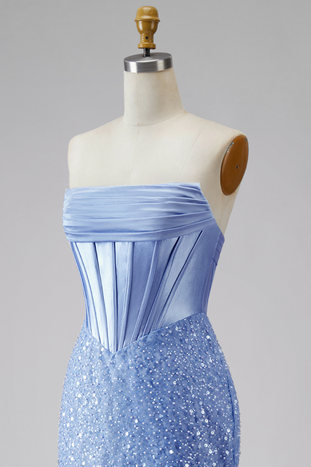 Blue Mermaid Corset Basque Waist Strapless Long Prom Dress with Pearls