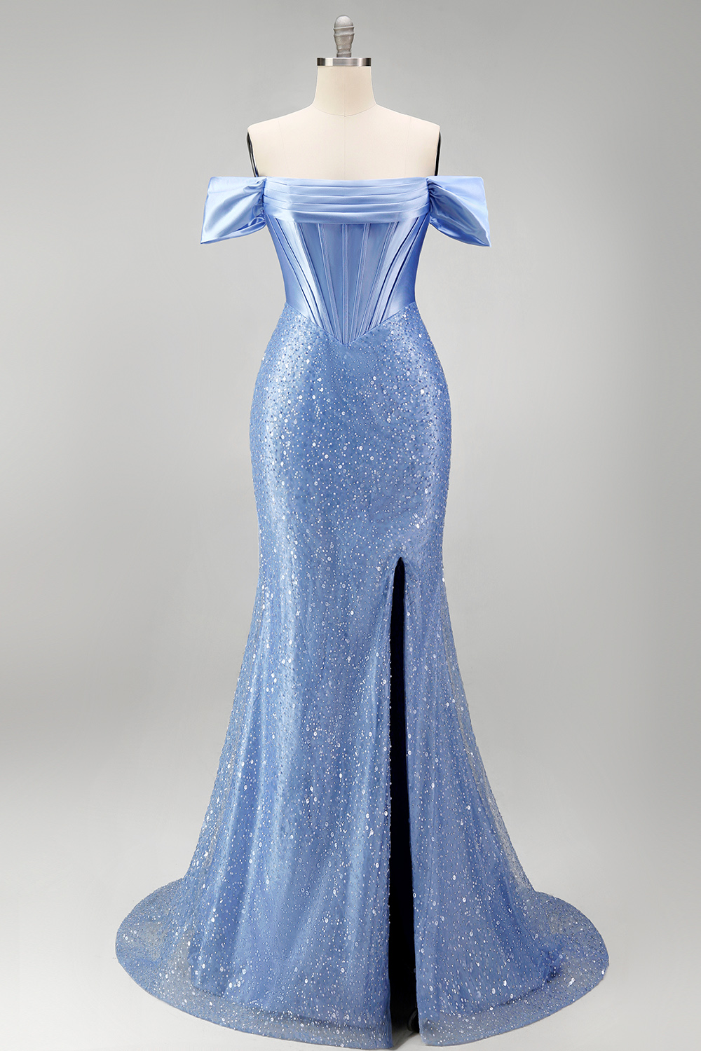 Sparkly Blue Off the Shoulder Beaded Long Corset Prom Dress with Slit