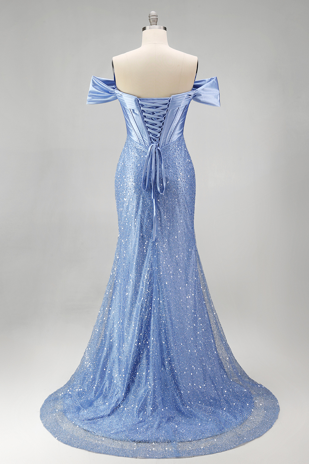 Sparkly Blue Off the Shoulder Beaded Long Corset Prom Dress with Slit
