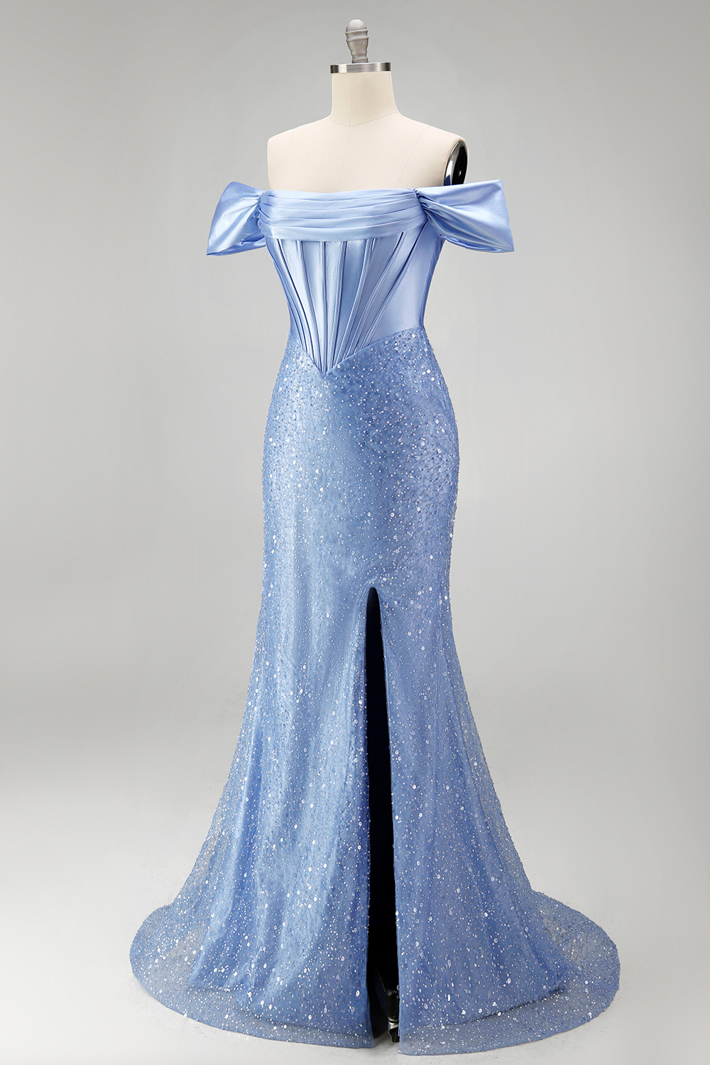 Sparkly Blue Off the Shoulder Beaded Long Corset Prom Dress with Slit