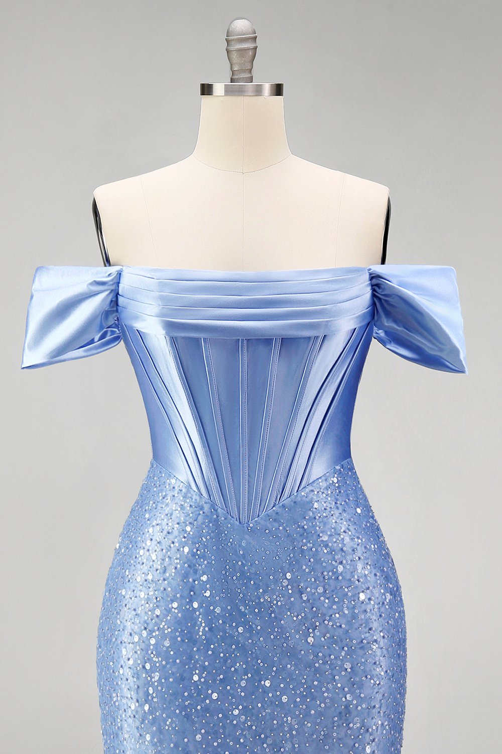Sparkly Blue Off the Shoulder Beaded Long Corset Prom Dress with Slit