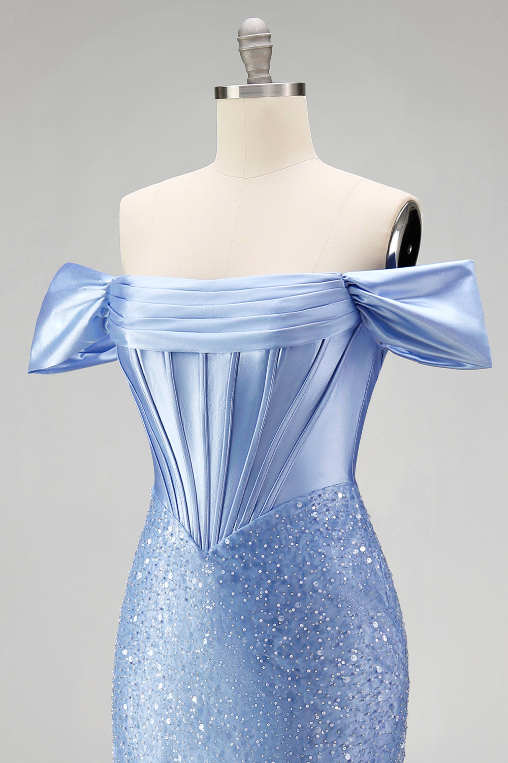 Sparkly Blue Off the Shoulder Beaded Long Corset Prom Dress with Slit