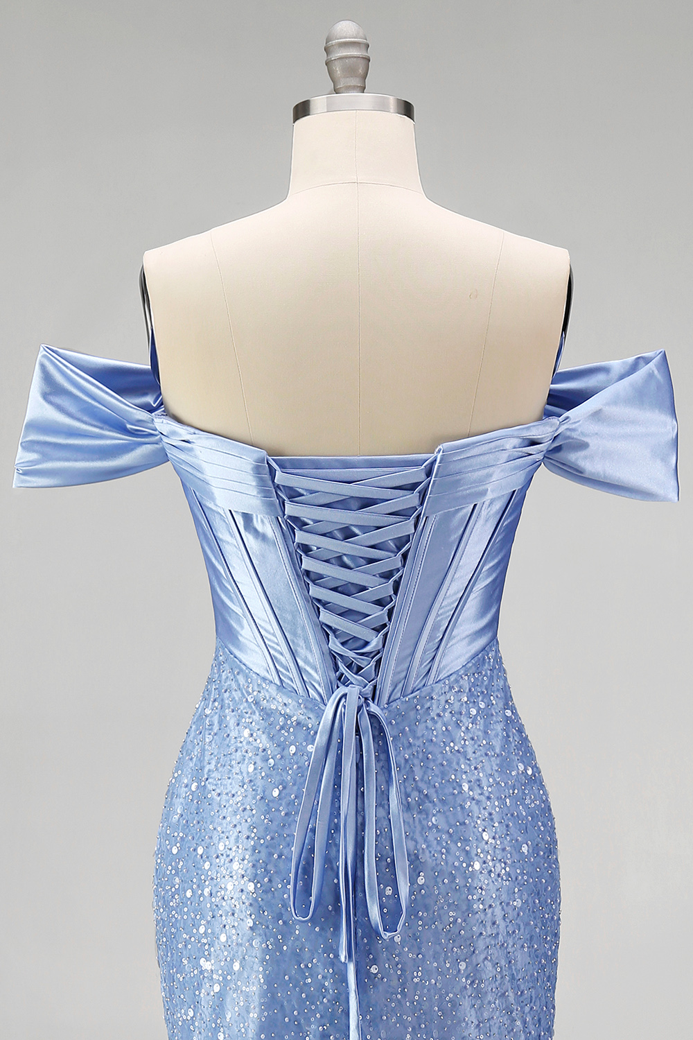 Sparkly Blue Off the Shoulder Beaded Long Corset Prom Dress with Slit