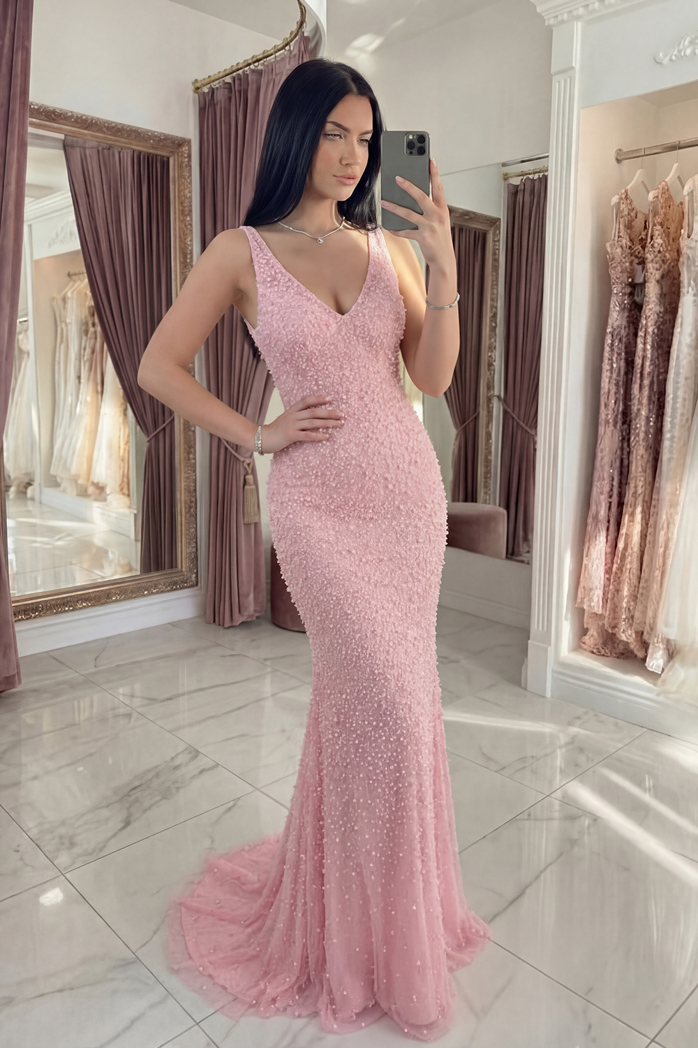 Sparkly Pink V-Neck Mermaid Long Prom Dress with Beading