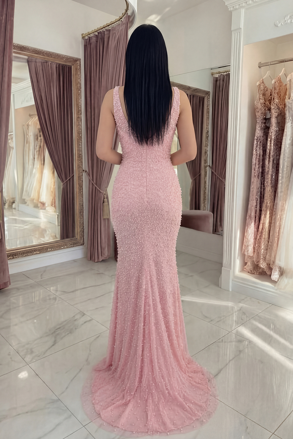 Sparkly Pink V-Neck Mermaid Long Prom Dress with Beading