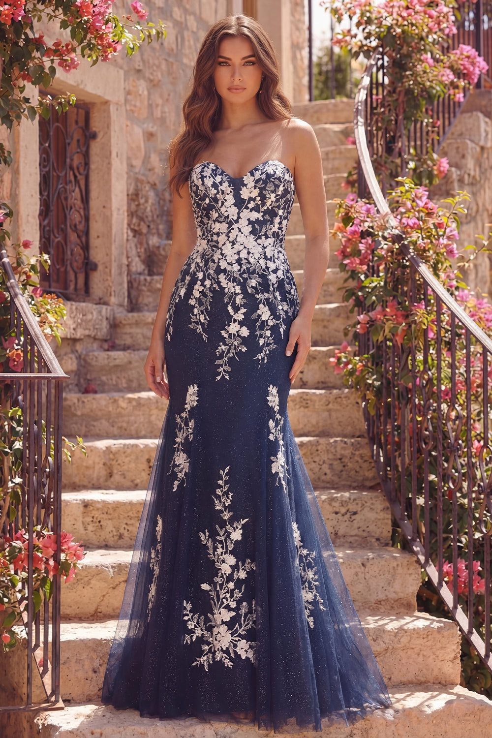 Strapless Floral Mermaid Glitter Navy Long Prom Dress