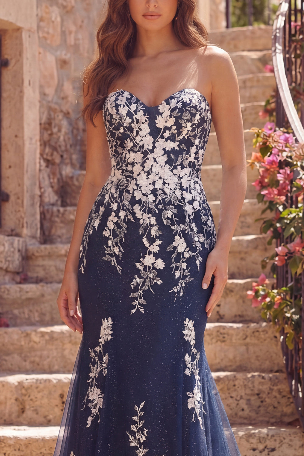 Strapless Floral Mermaid Glitter Navy Long Prom Dress