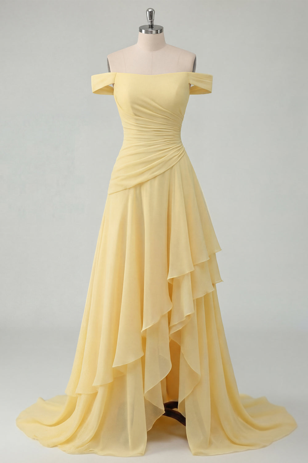 Butter Yellow Ruched A Line Off the Shoulder Long Ruffled Prom Dress with Slit