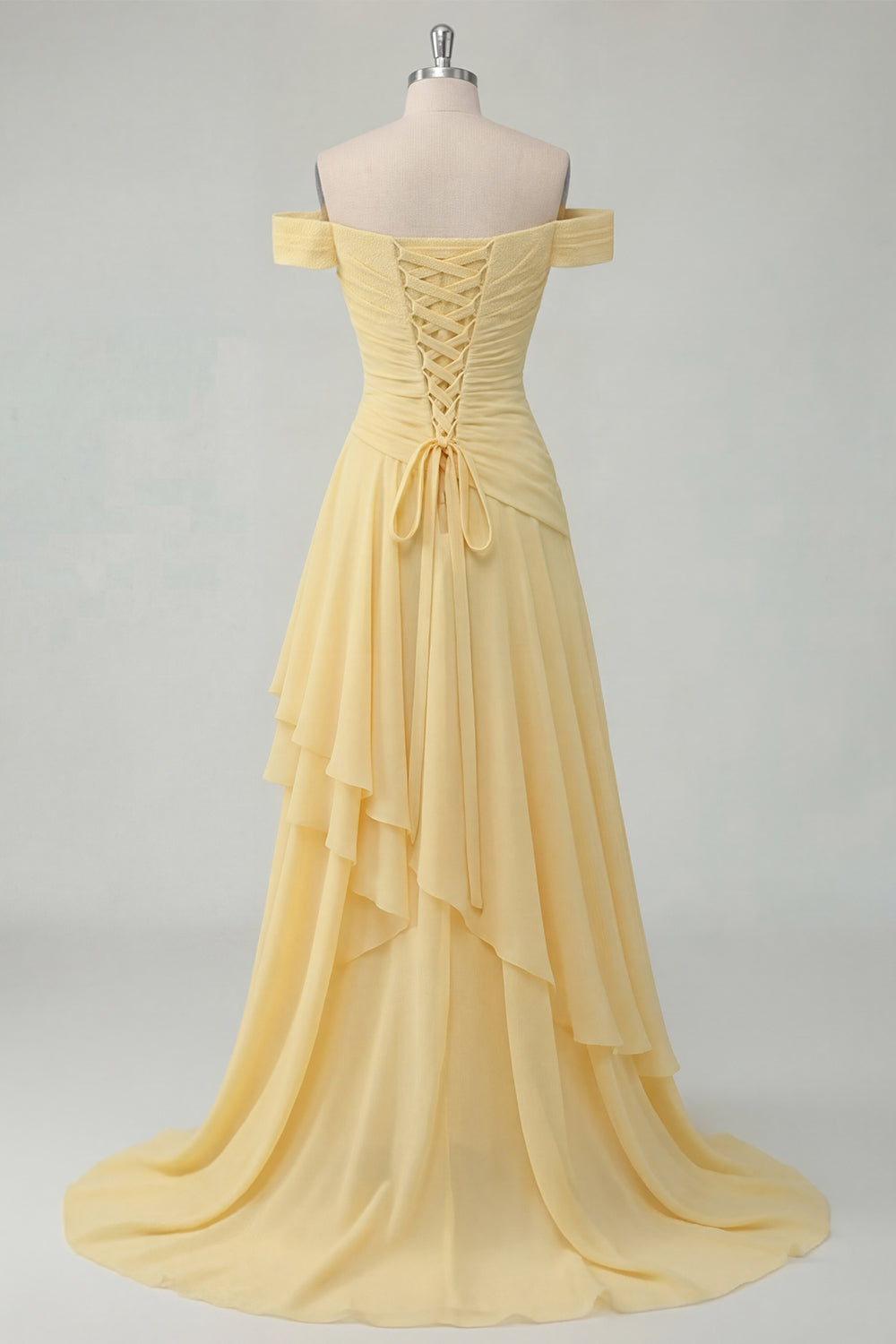 Butter Yellow Ruched A Line Off the Shoulder Long Ruffled Prom Dress with Slit