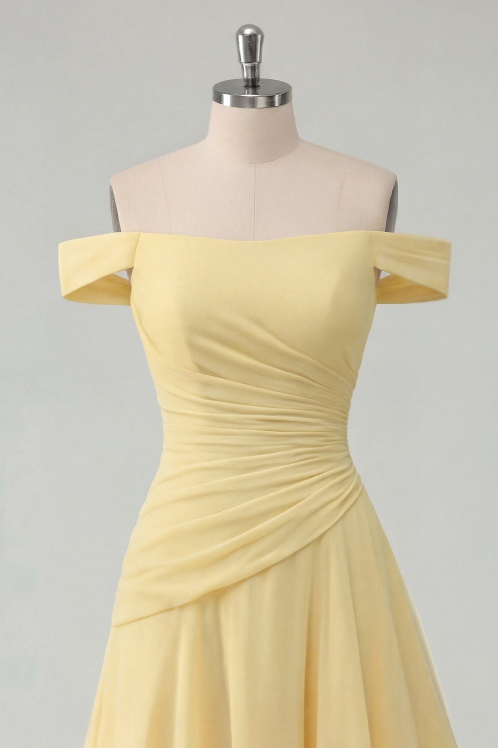 Butter Yellow Ruched A Line Off the Shoulder Long Ruffled Prom Dress with Slit