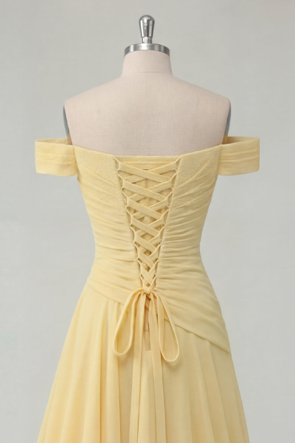 Butter Yellow Ruched A Line Off the Shoulder Long Ruffled Prom Dress with Slit