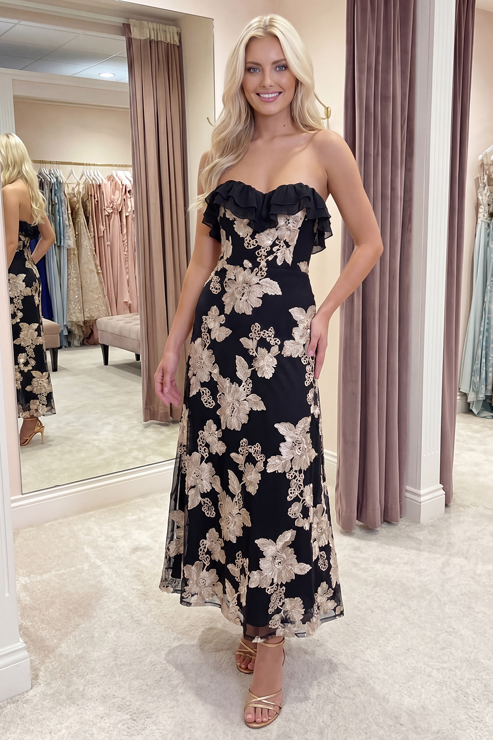 Fuchsia Floral A Line Long Strapless Beach Prom Dress with Ruffles