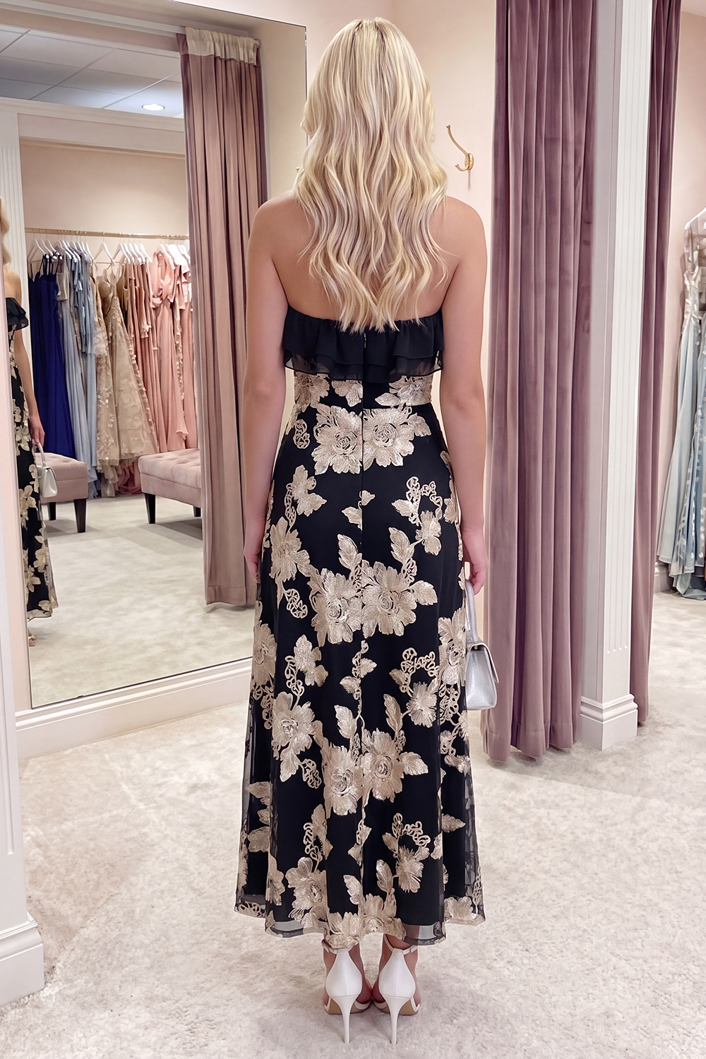 Fuchsia Floral A Line Long Strapless Beach Prom Dress with Ruffles