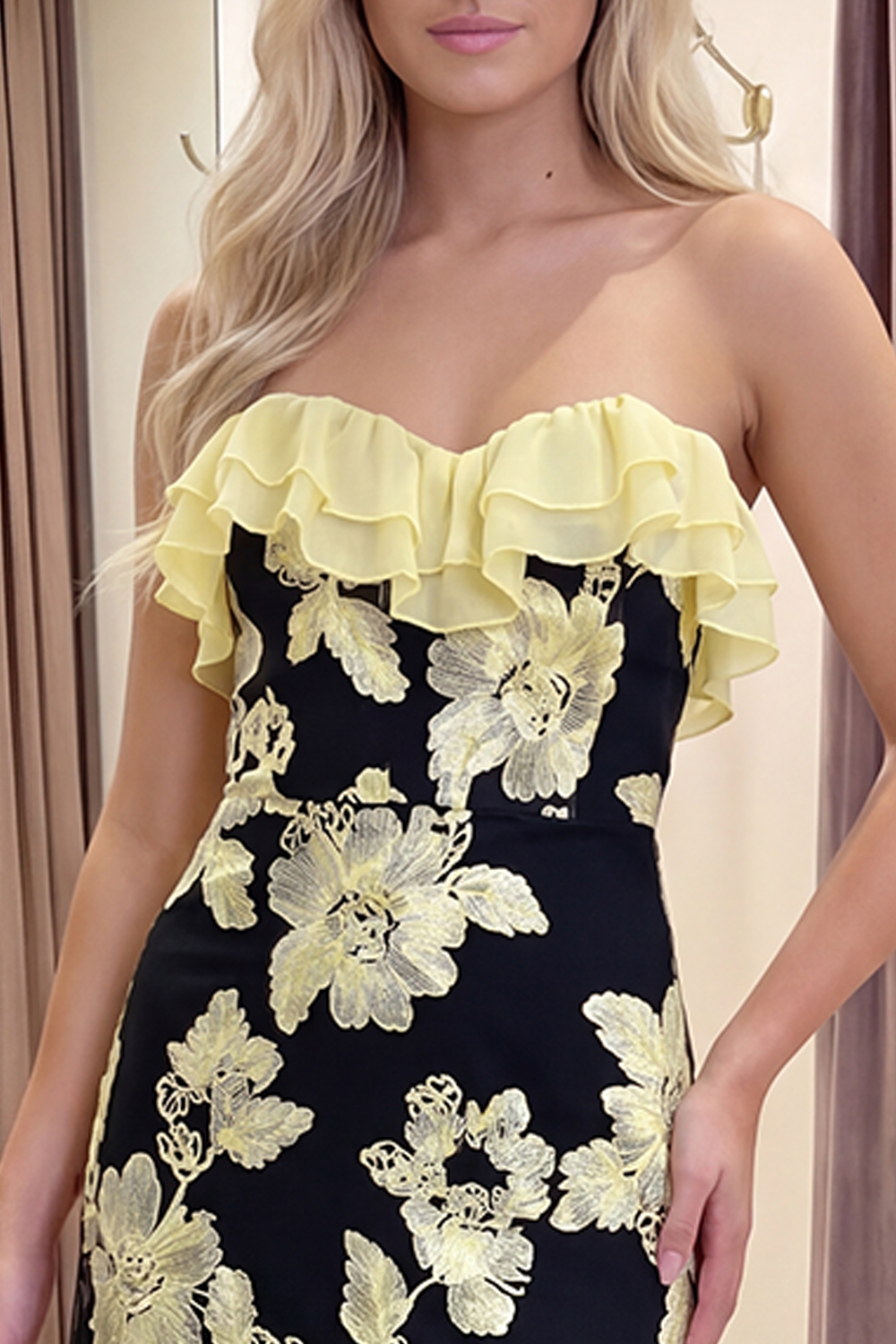 Fuchsia Floral A Line Long Strapless Beach Prom Dress with Ruffles