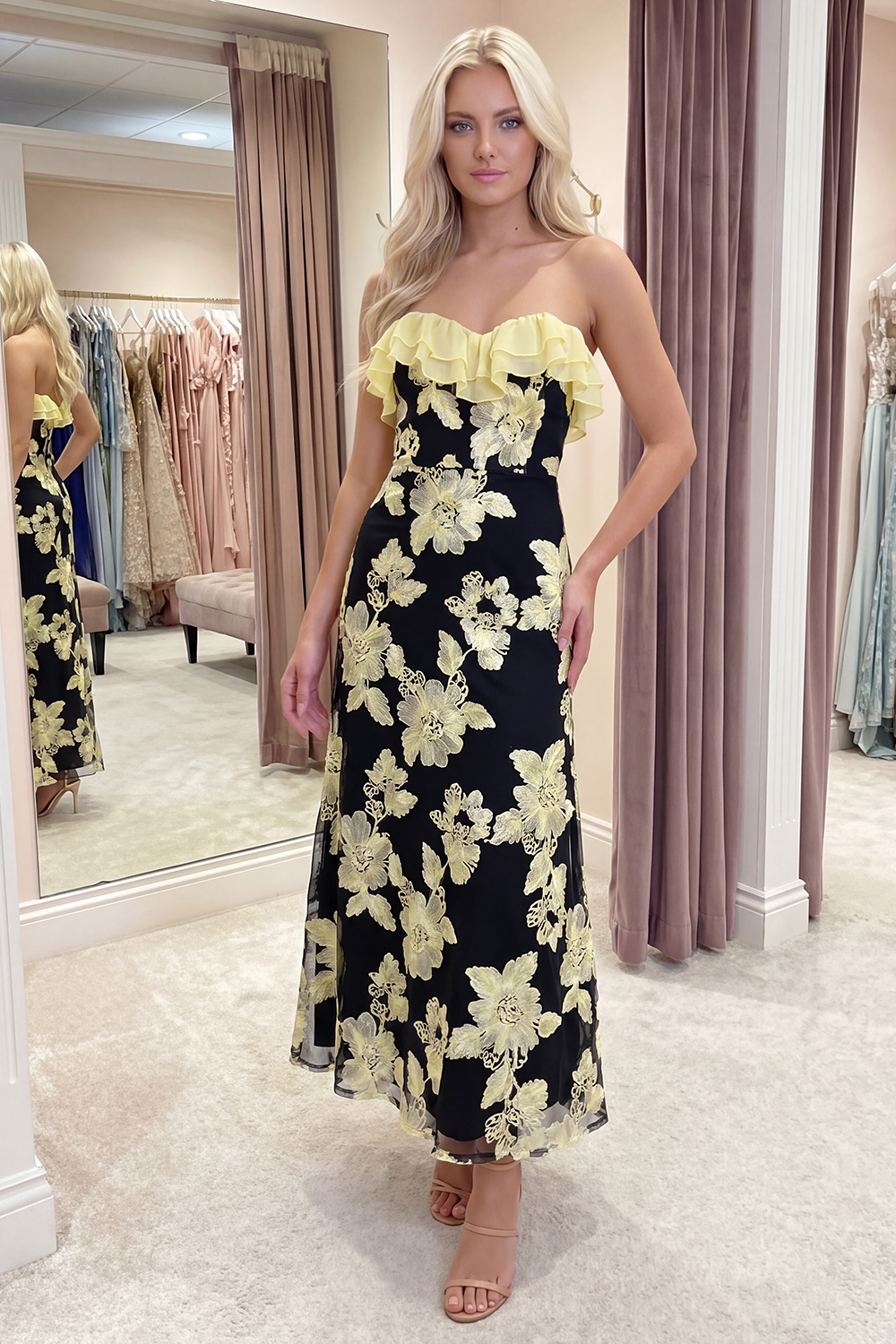 Fuchsia Floral A Line Long Strapless Beach Prom Dress with Ruffles